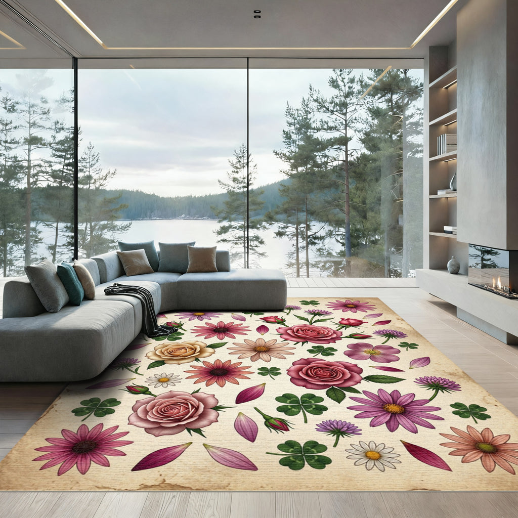 Pink Roses Purple Daisies Clover Collage Rug
