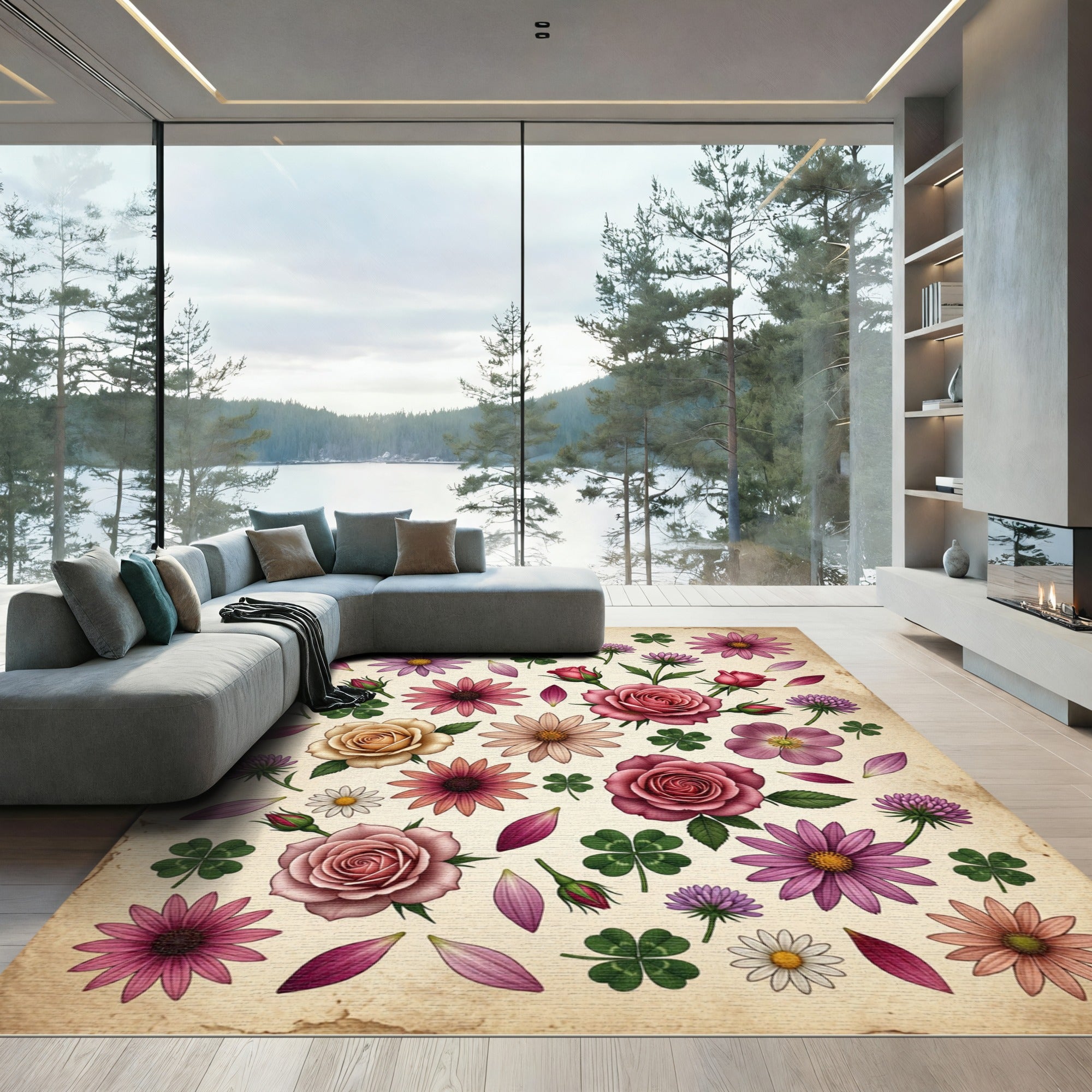 Pink Roses Purple Daisies Clover Collage Rug