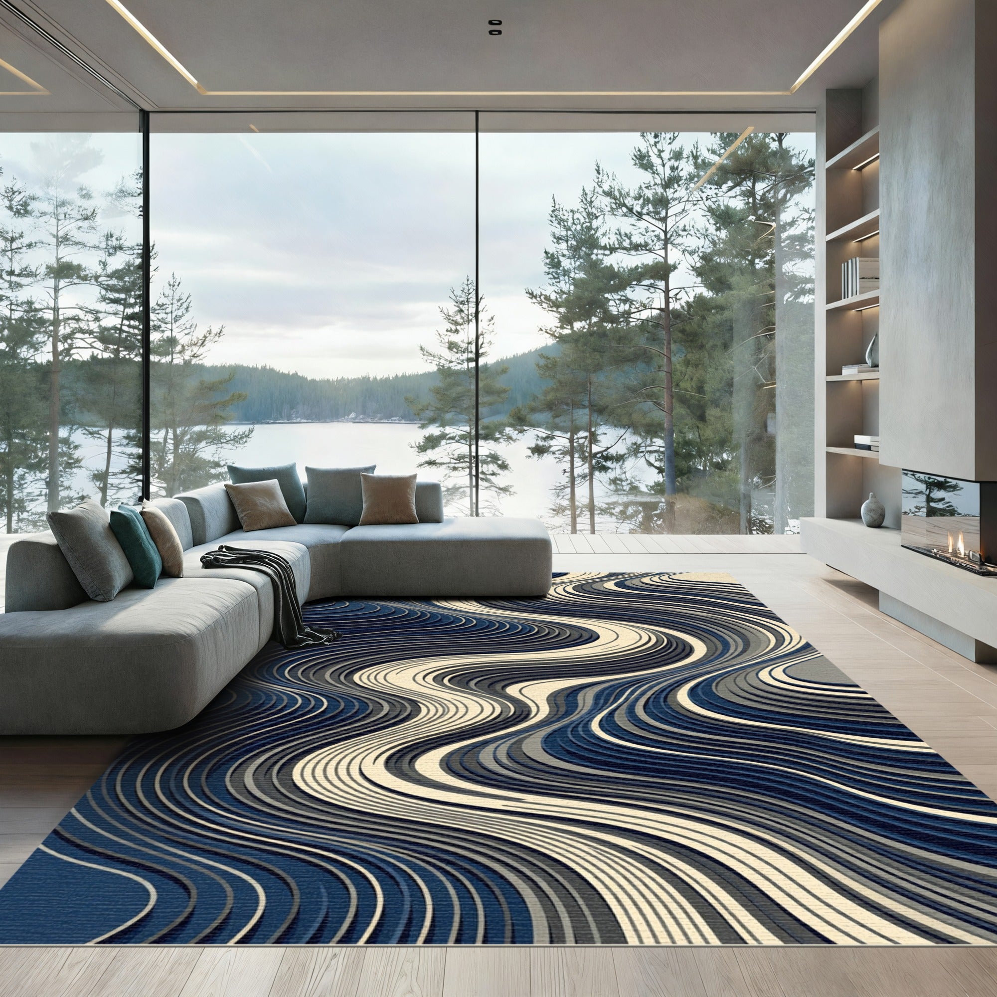 Modern Abstract Wavy Navy Cream Swirl Rug