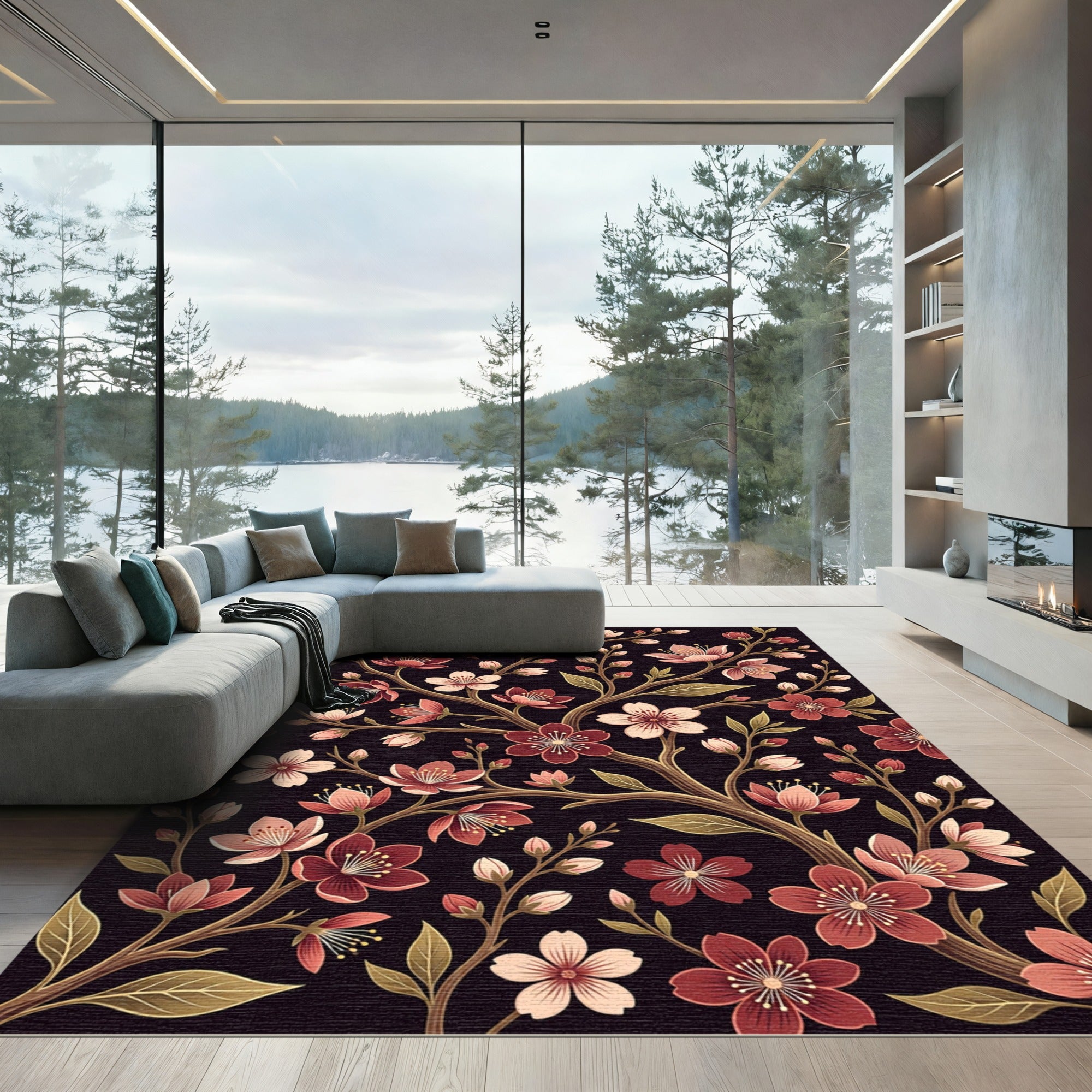 Elegant Dark Cherry Blossom Branches Rug