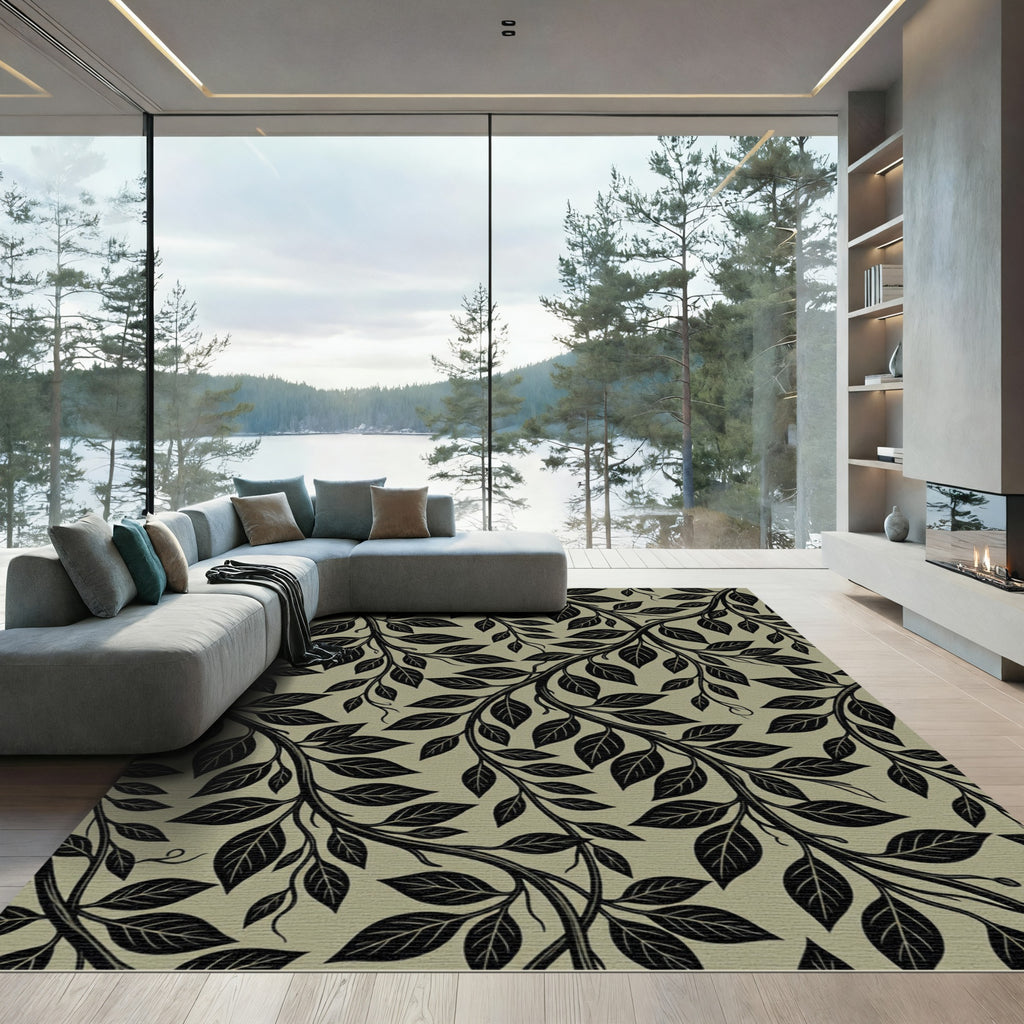 Black Leaf Vine Swirls Beige Rug