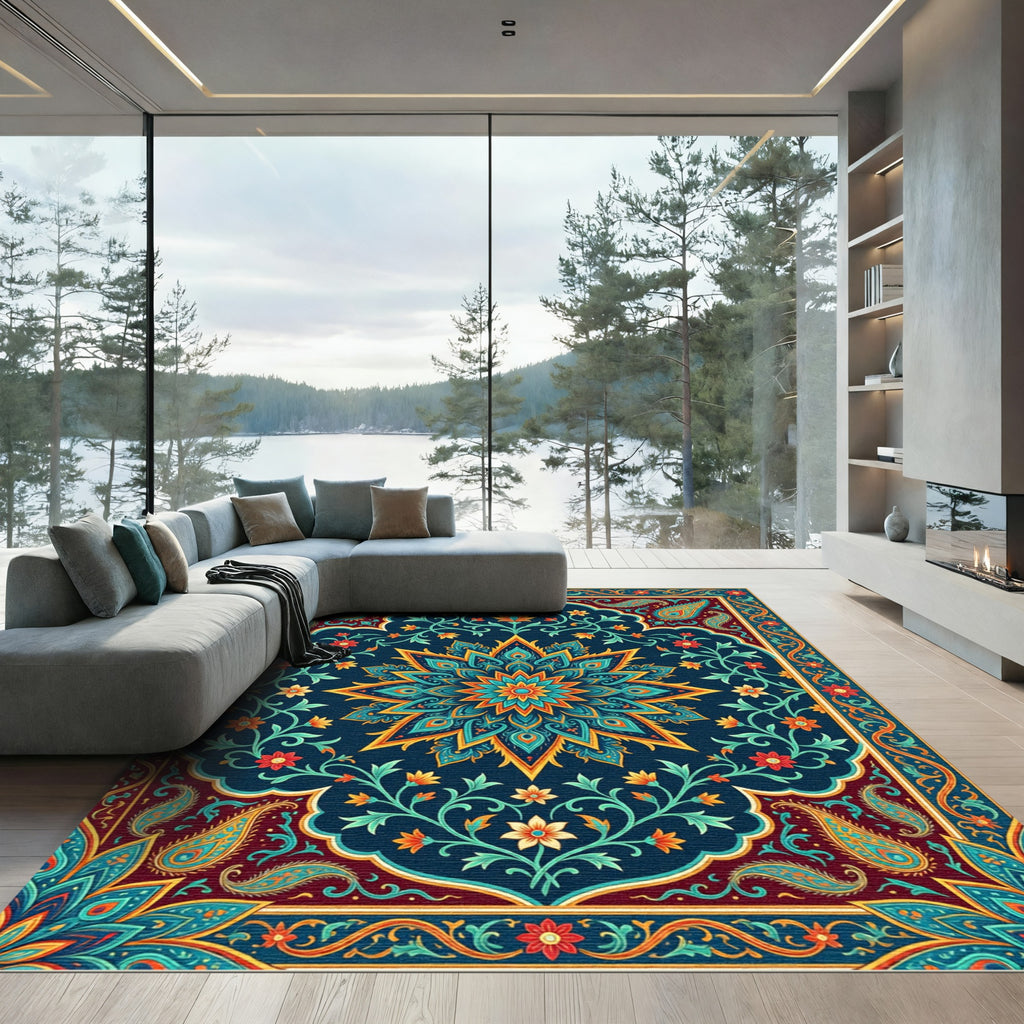 Jewel Tone Floral Mandala Medallion Surface Rug