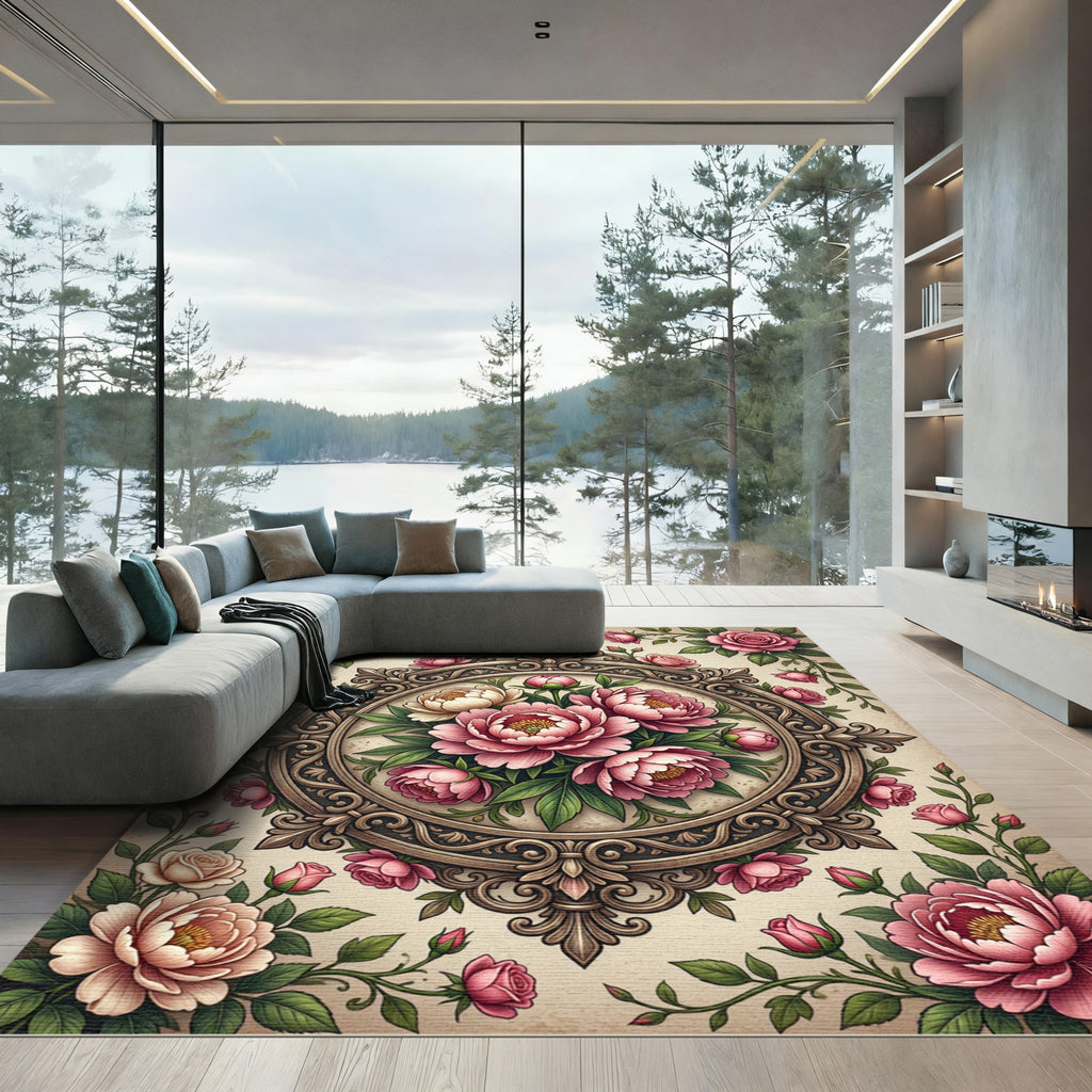 Elegant Vintage Pink Peony Medallion Rug