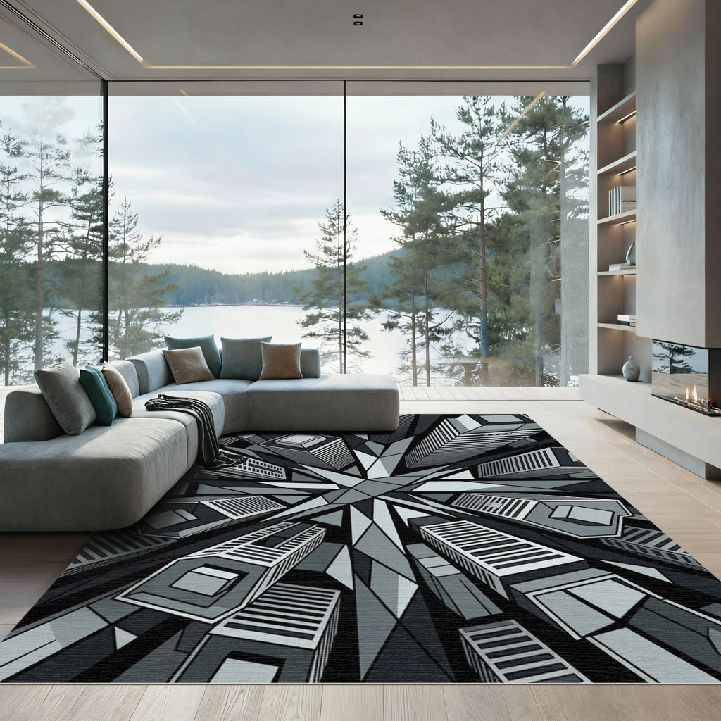 Monochrome Abstract Skyscraper Geometric Cityscape Rug