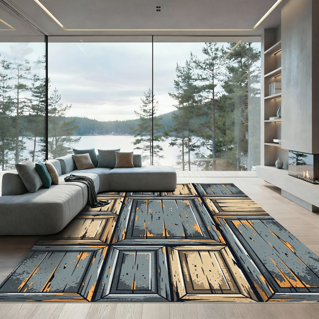 Weathered Wood Panel Grid Rug
