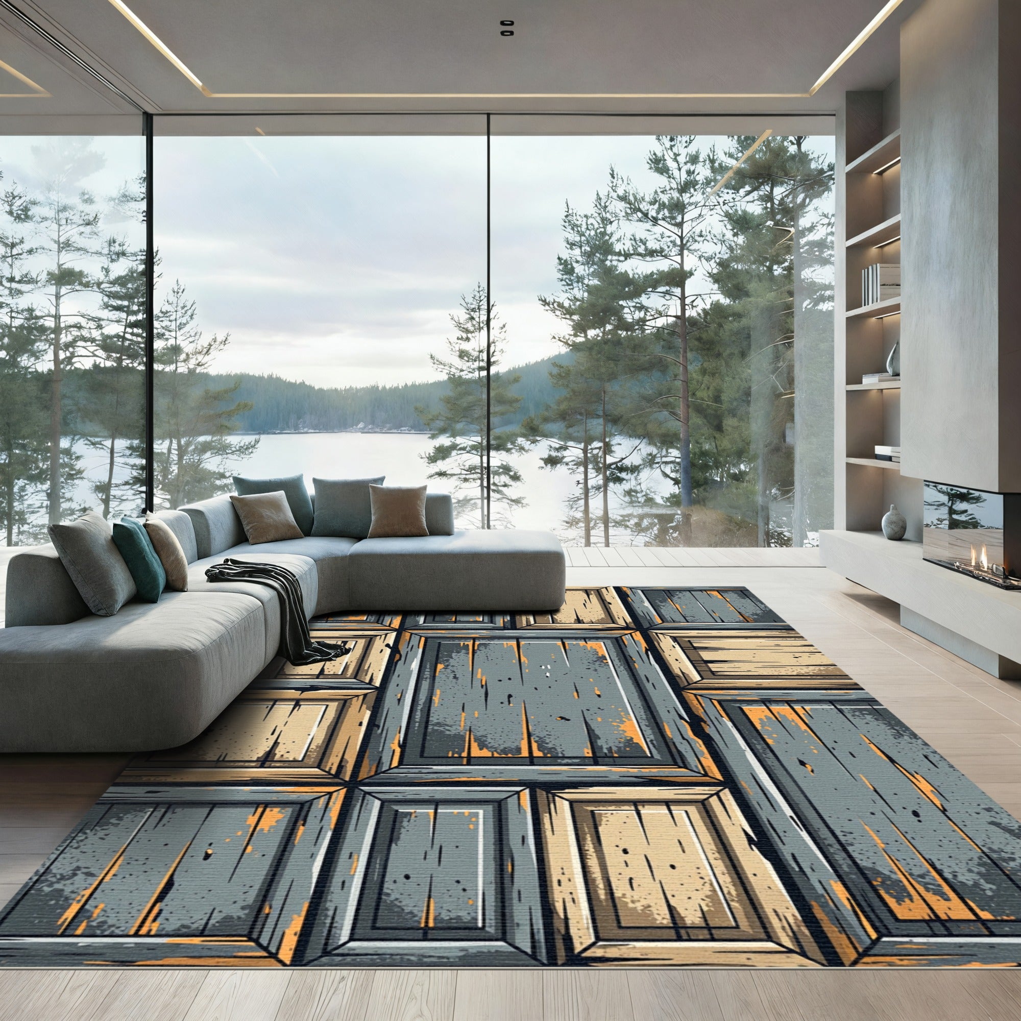 Weathered Wood Panel Grid Rug