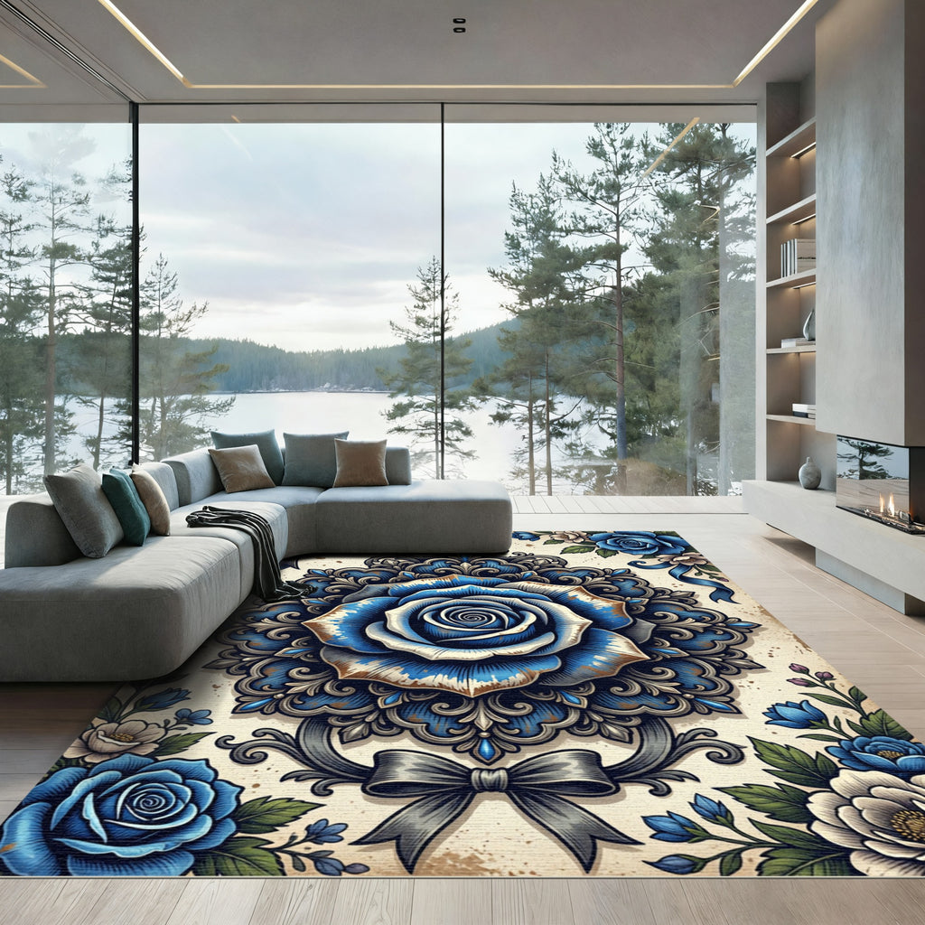 Ornate Blue Rose Damask Medallion Rug