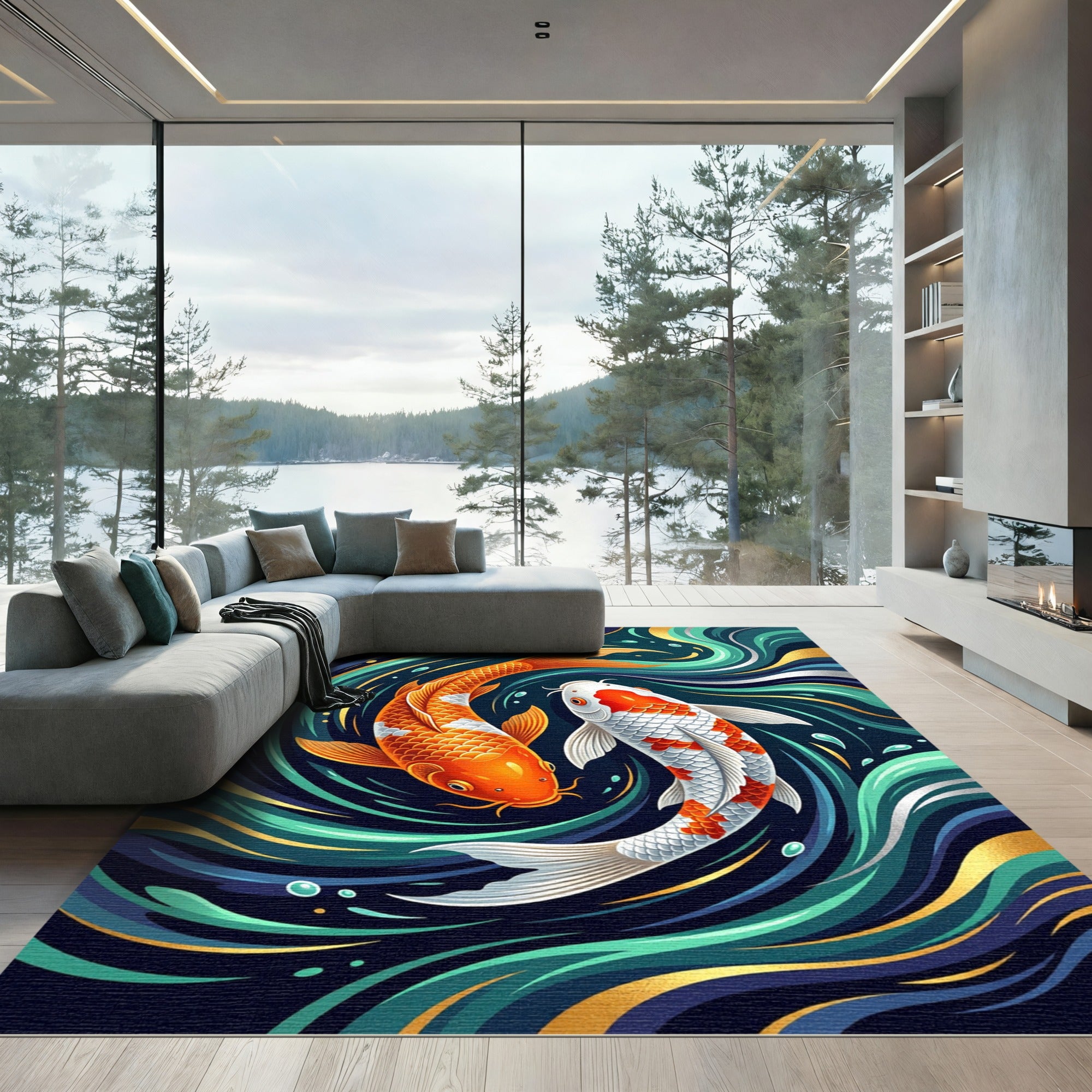 Elegant Koi Fish Swirl Tapestry Rug