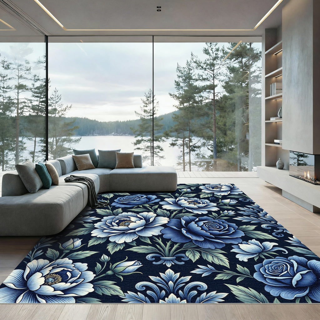 Deep Blue Floral Garden Arrangement Rug