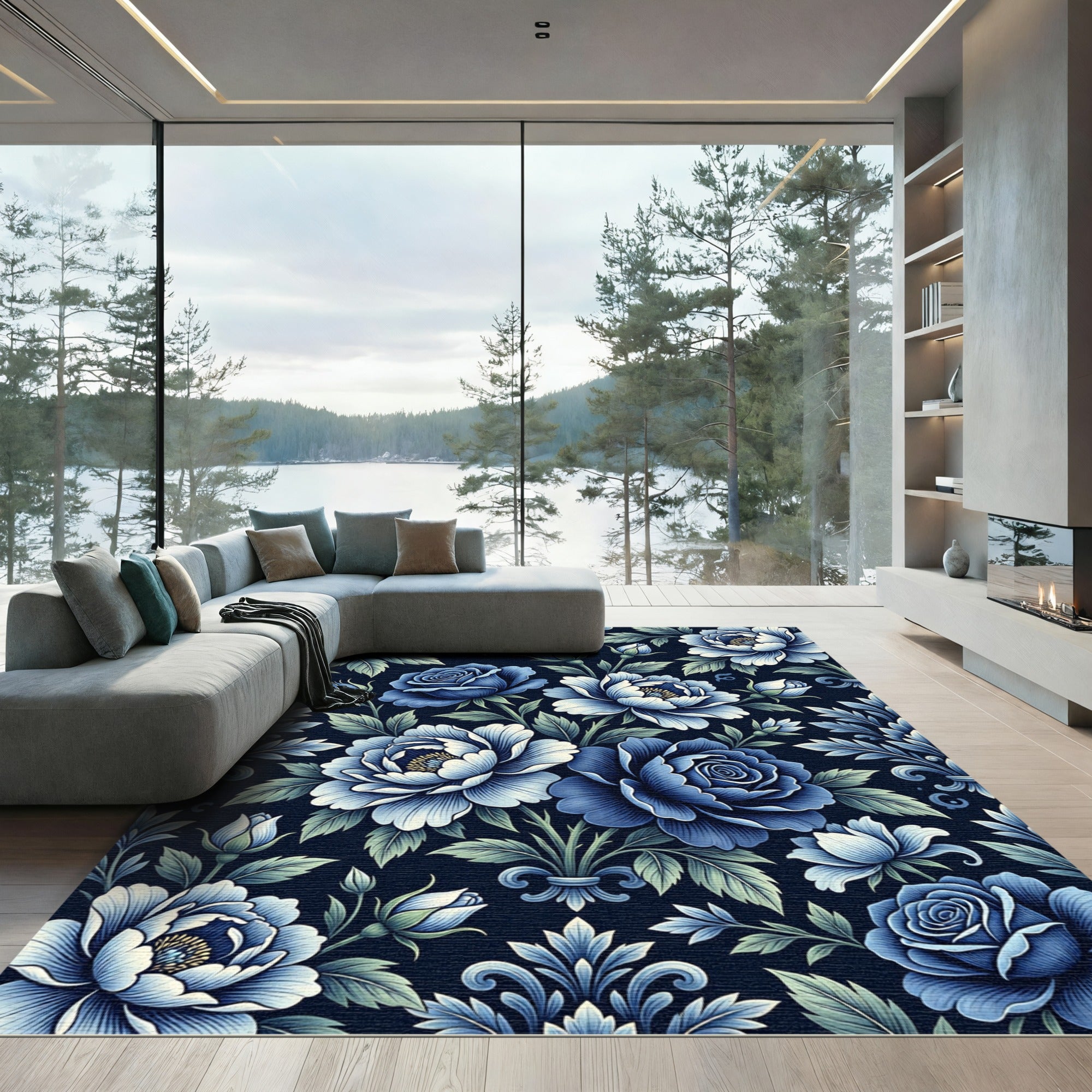 Deep Blue Floral Garden Arrangement Rug