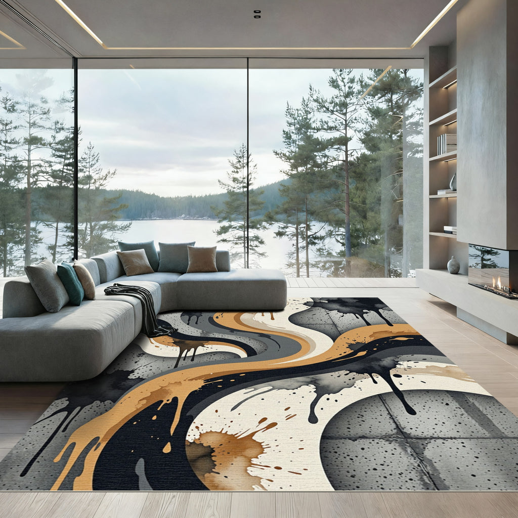 Abstract Beige Black Gray Swirl Splatter Rug