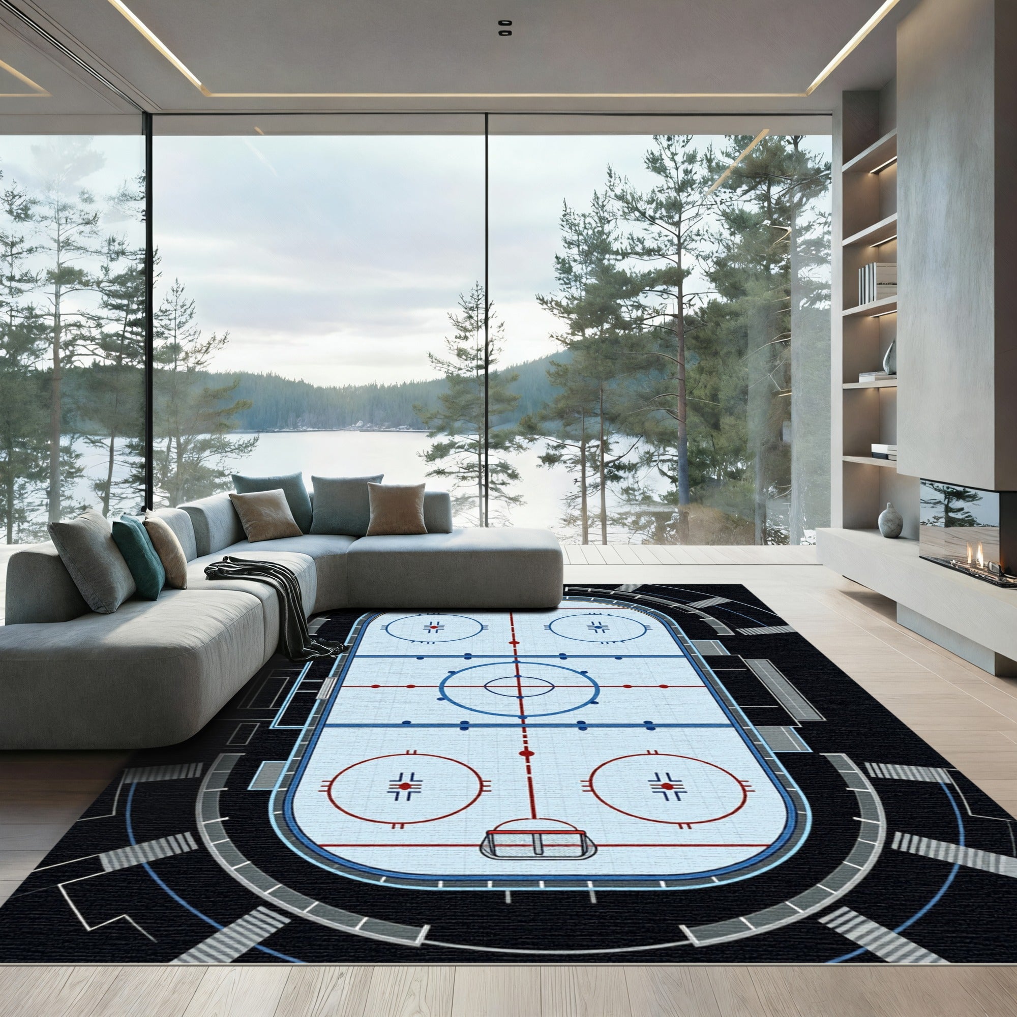Contemporary Ice Hockey Rink Grid Rug