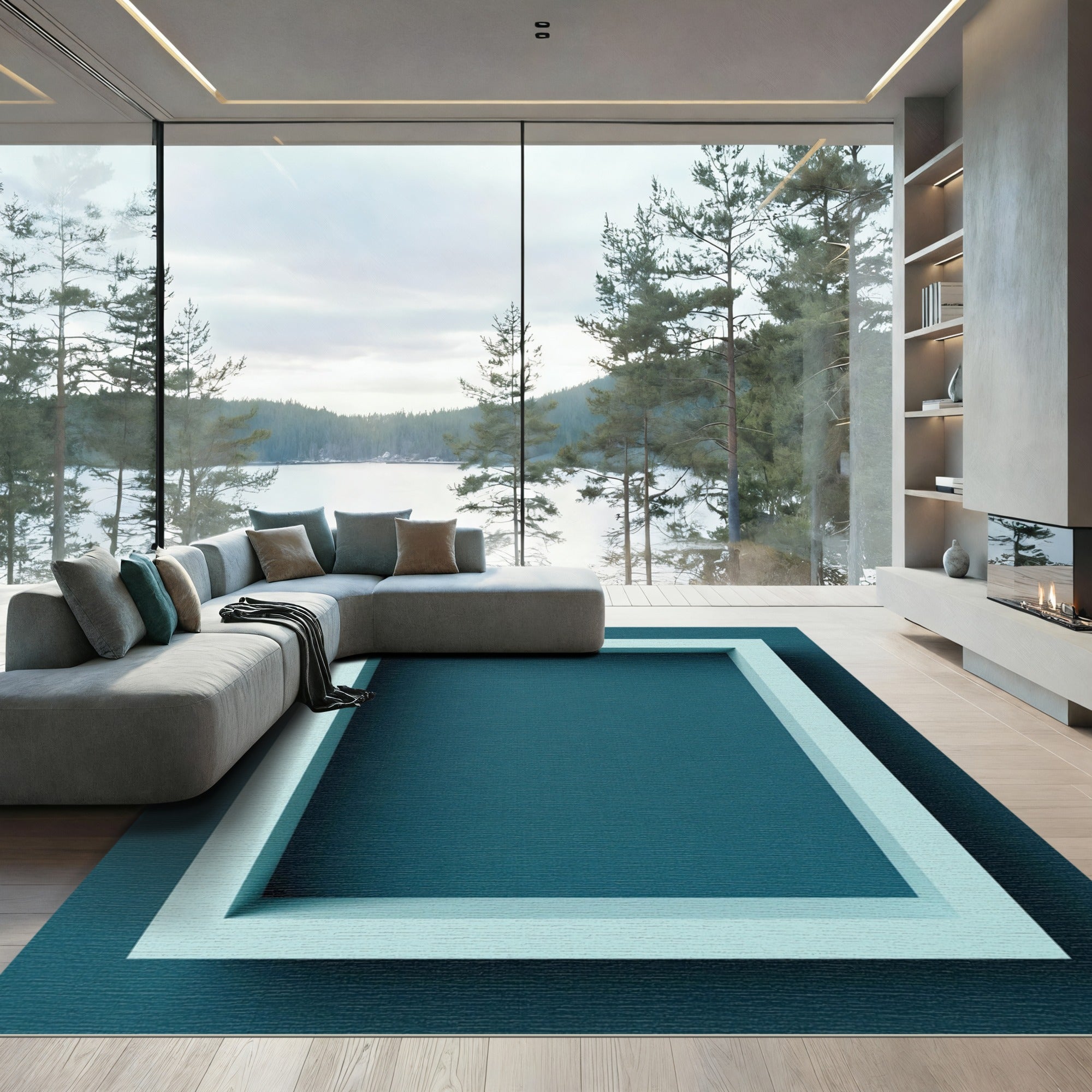 Light Blue Modern Rectangular Border Rug