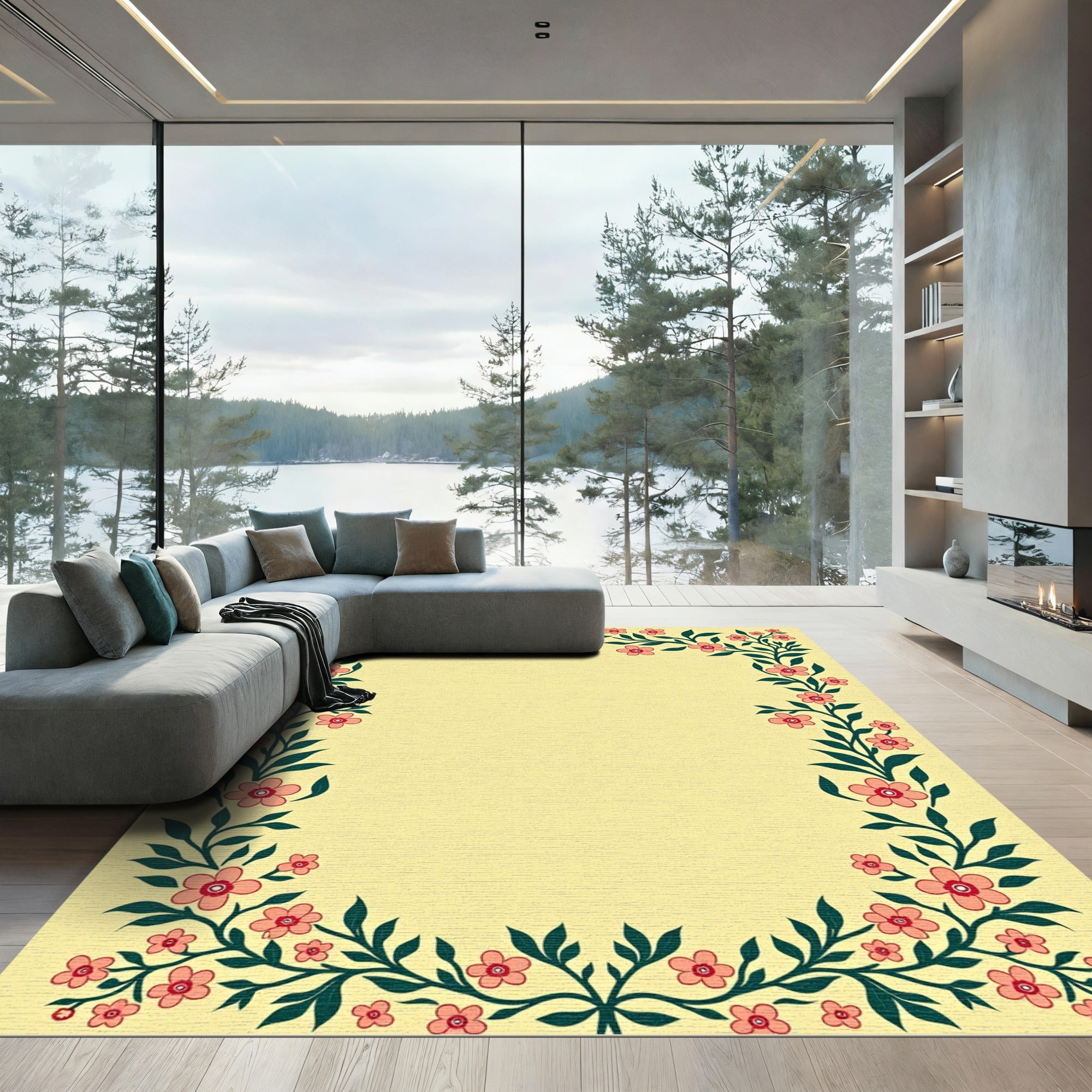 Coral Floral Vine Border Rug
