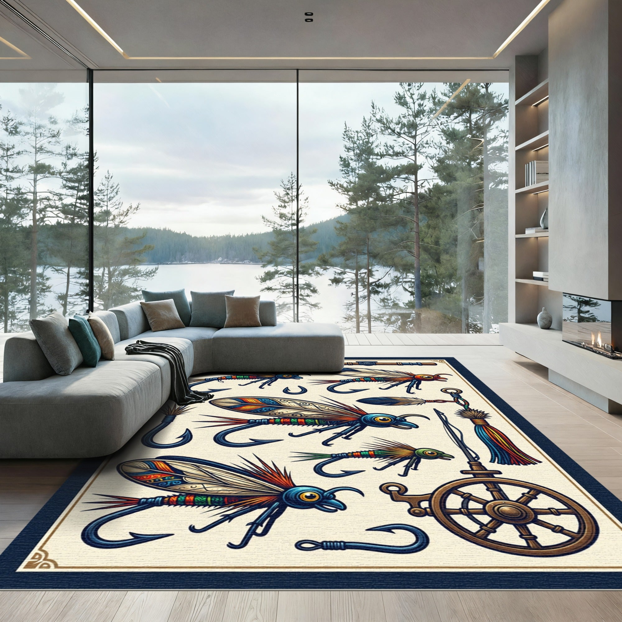 Vintage Colorful Fly Fishing Illustration Rug
