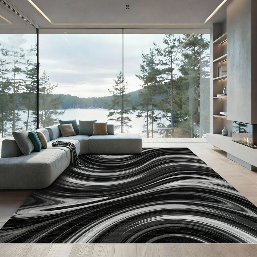 Monochrome Swirl Abstract Fluid Lines Rug