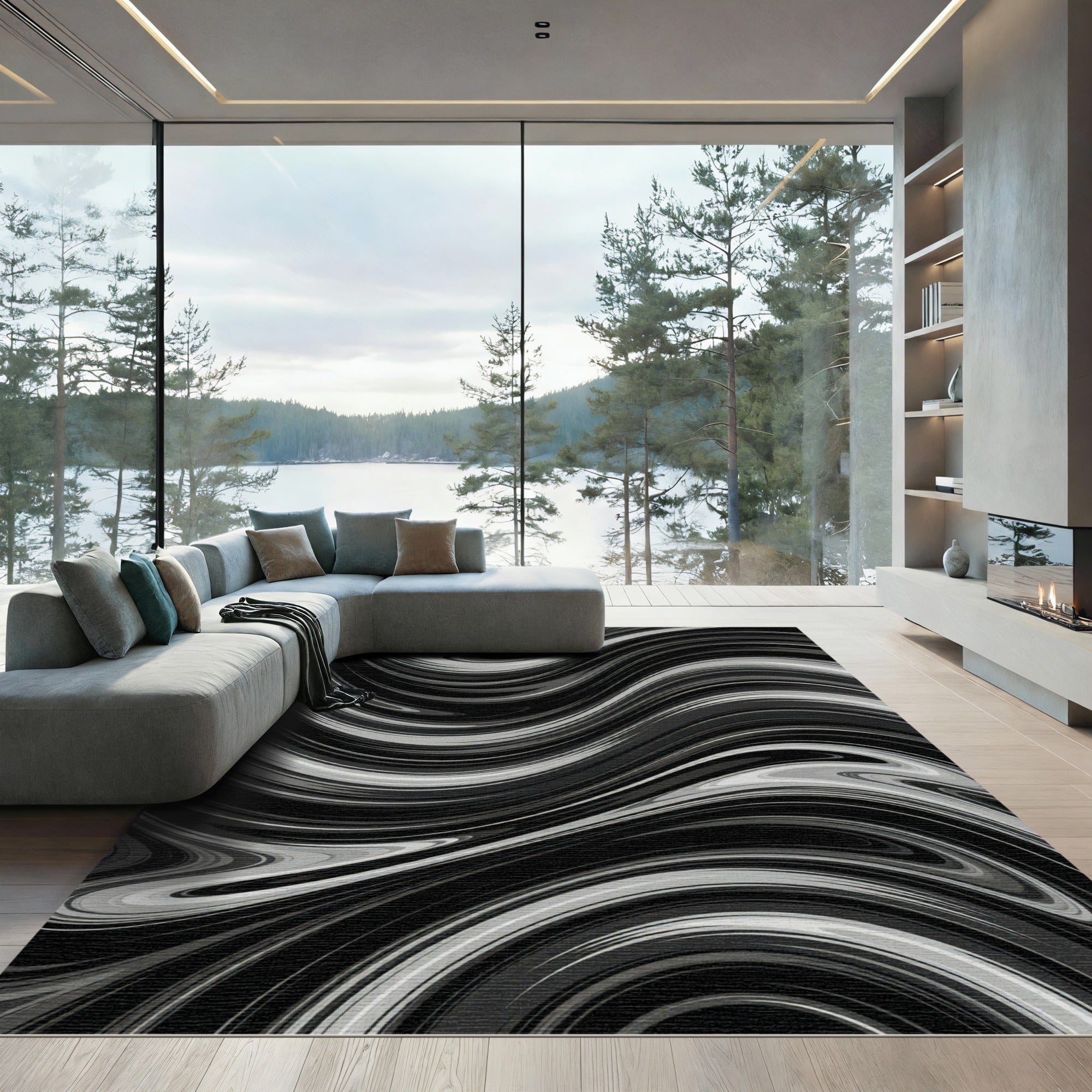 Monochrome Swirl Abstract Fluid Lines Rug