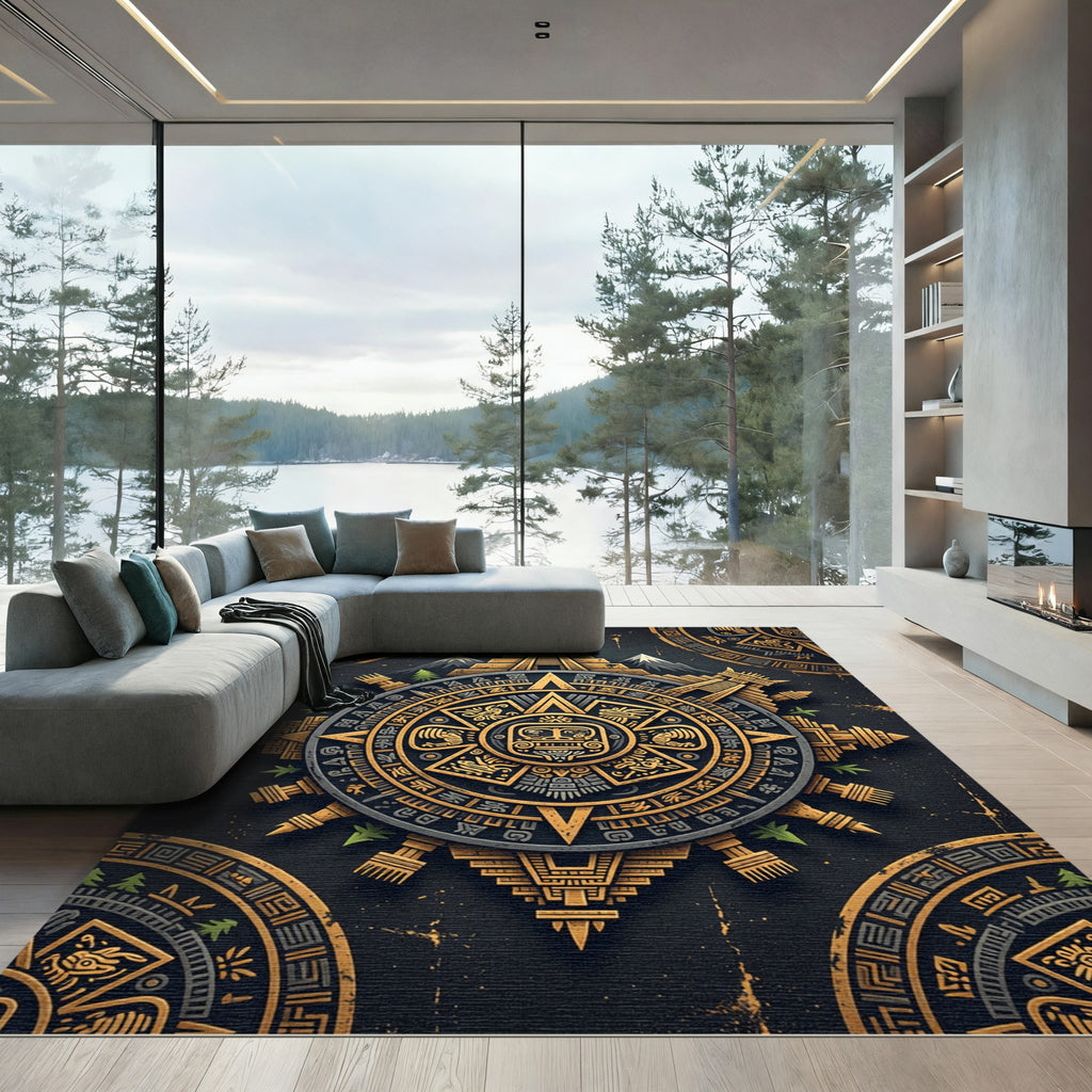 Golden Aztec Temple Slate Medallion Rug