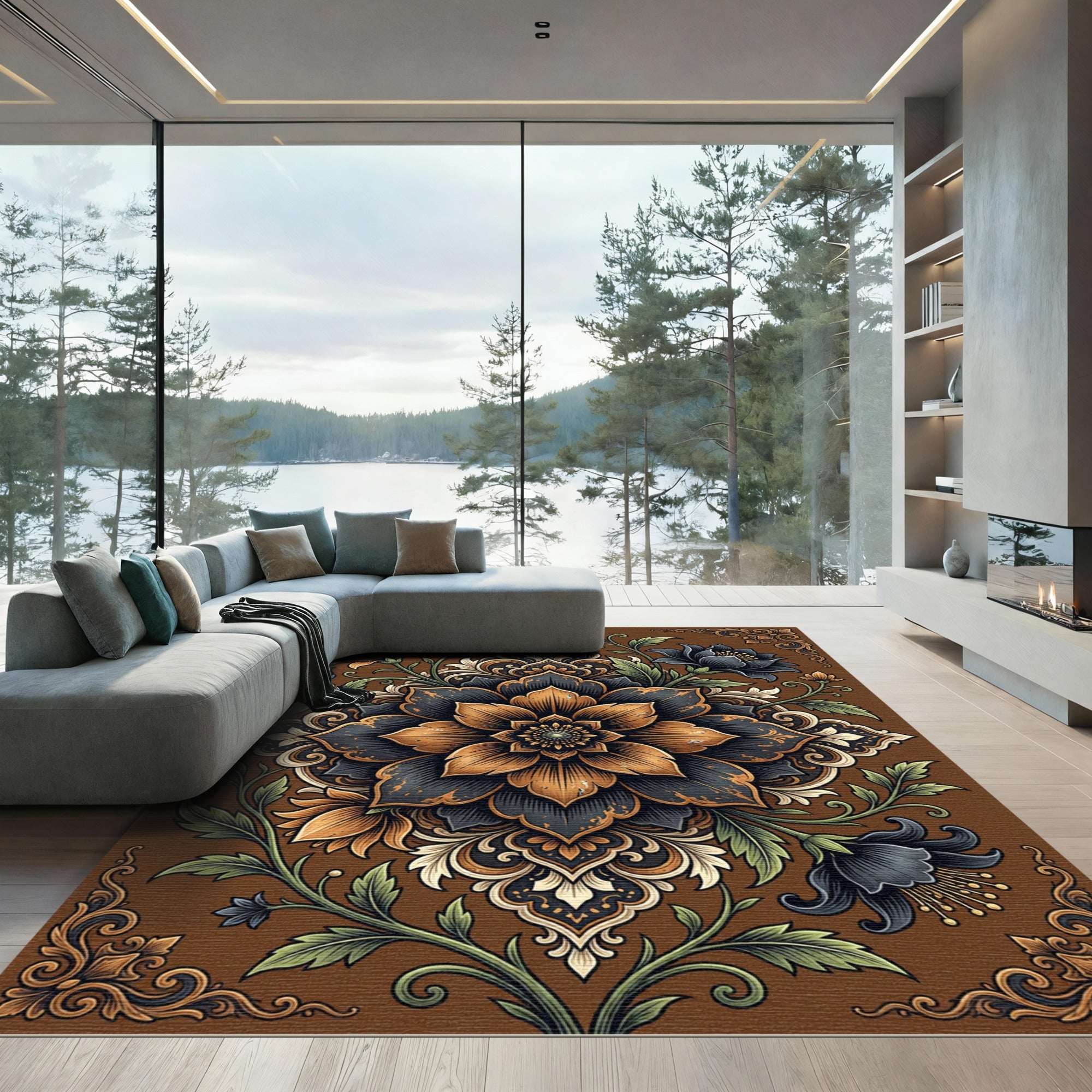 Ornate Golden Floral Dark Medallion Rug