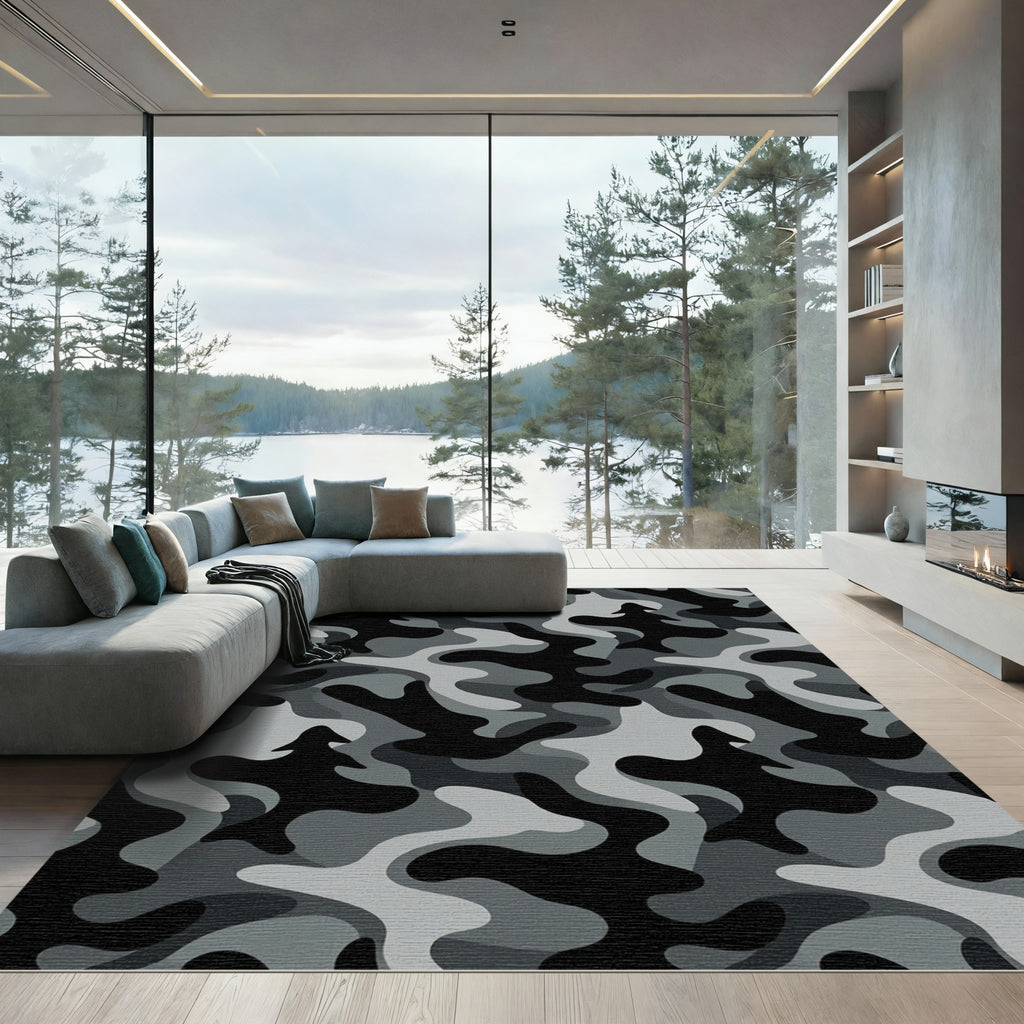 Modern Urban Monochrome Camouflage Abstract Rug