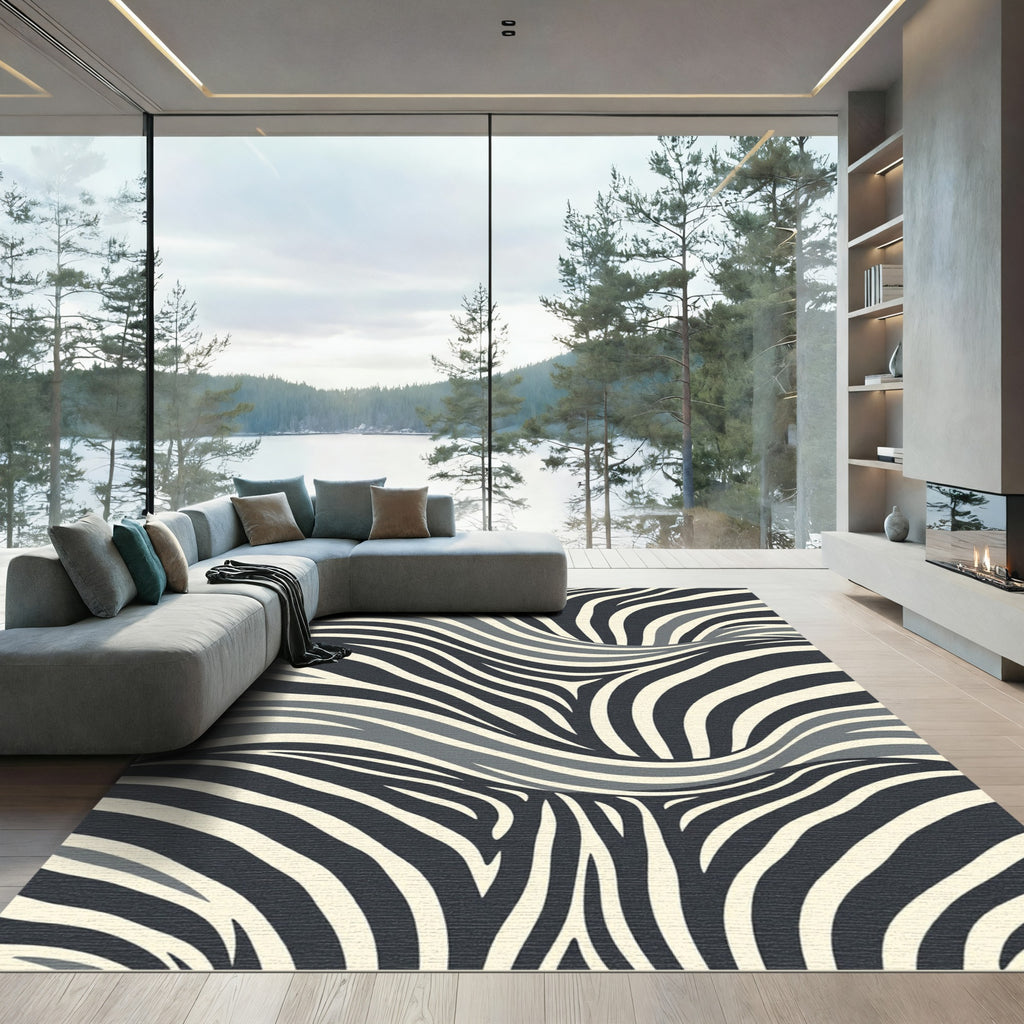 Monochrome Zebra Stripe Abstract Wave Rug