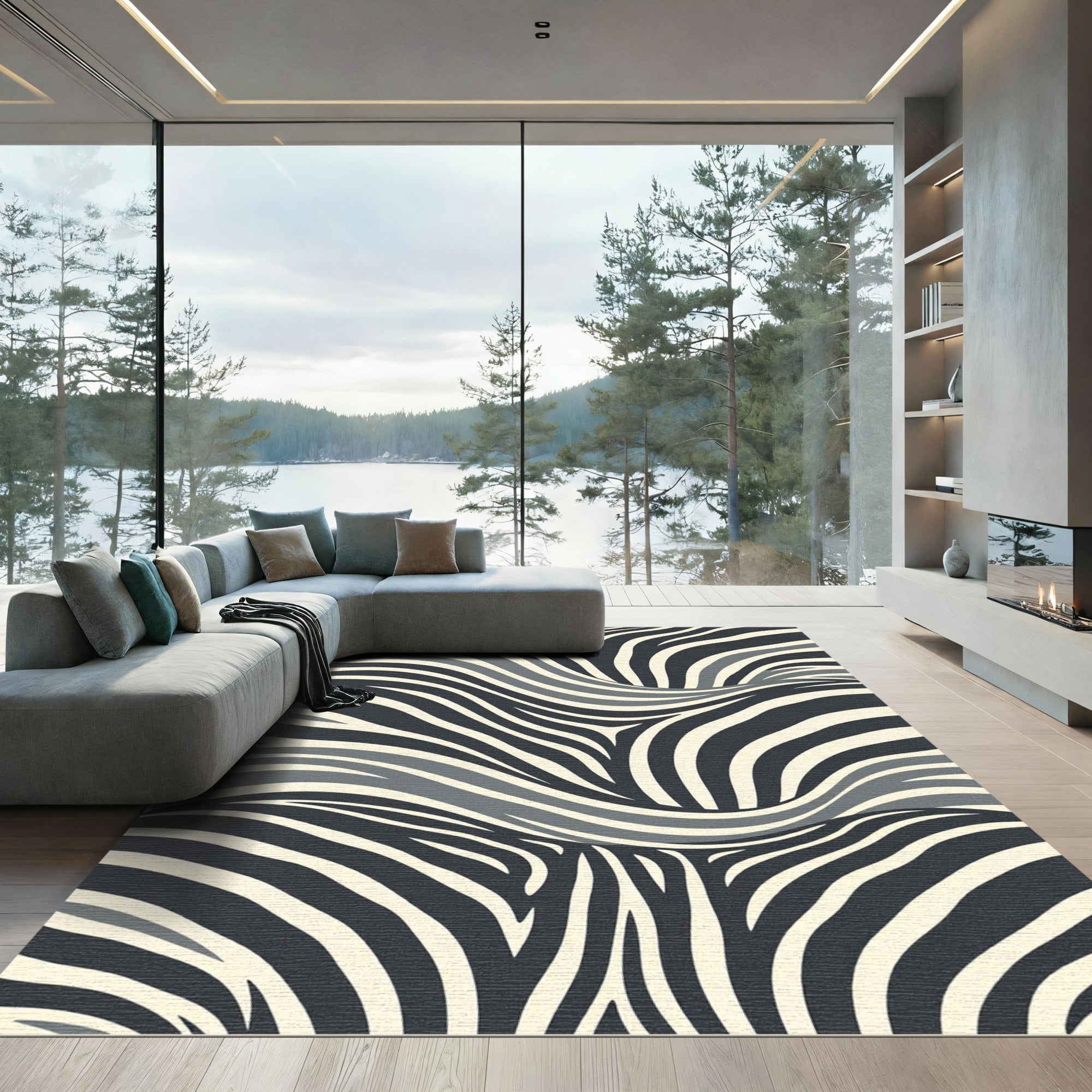 Monochrome Zebra Stripe Abstract Wave Rug