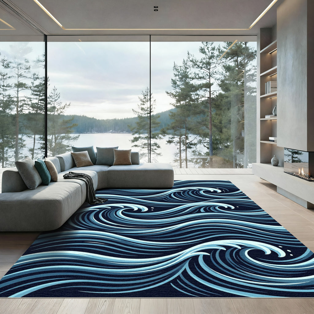 Japanese Inspired Navy Blue Ocean Wave Rug