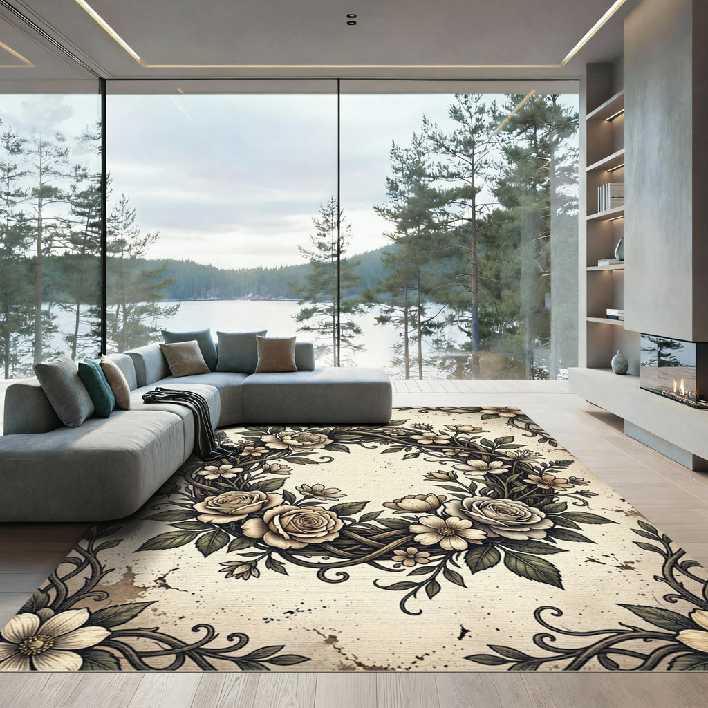 Vintage Floral Wreath Sepia Botanical Rug