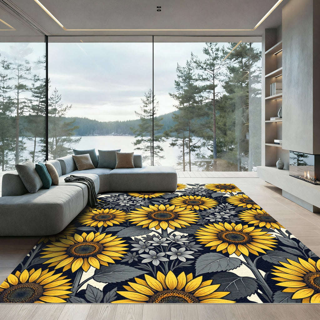 Radiant Yellow Sunflower Botanical Floral Rug