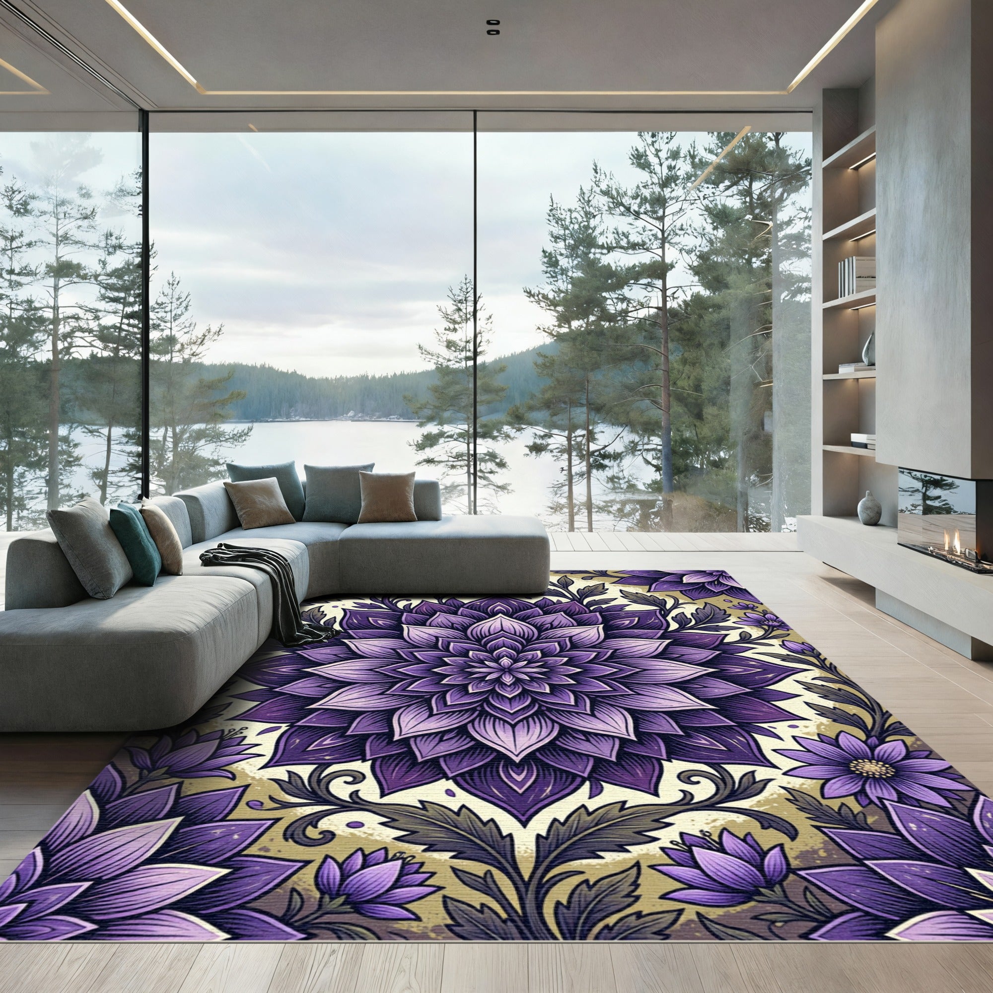 Radiant Purple Dahlia Floral Mandala Rug