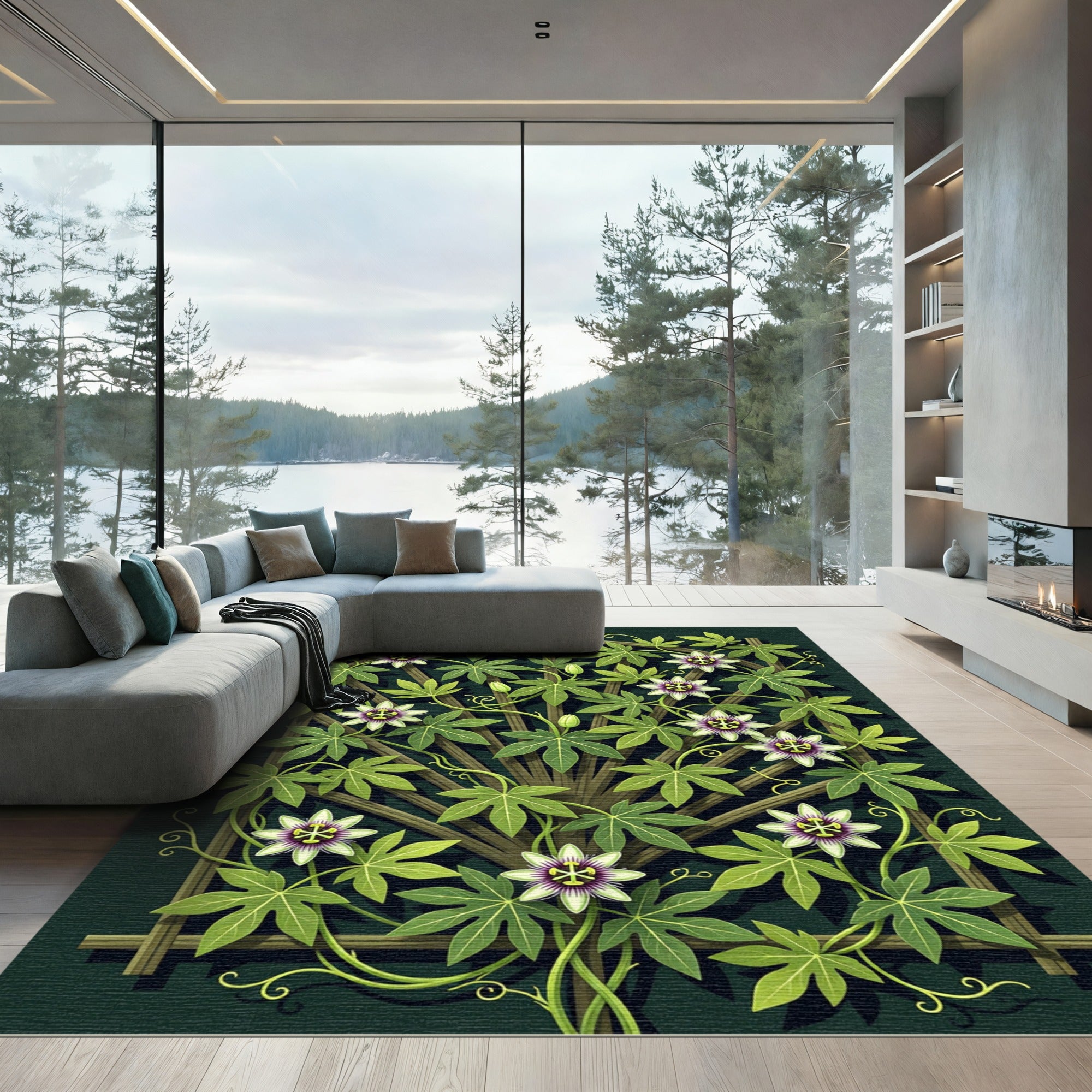 Botanical Passion Flower Forest Green Trellis Rug