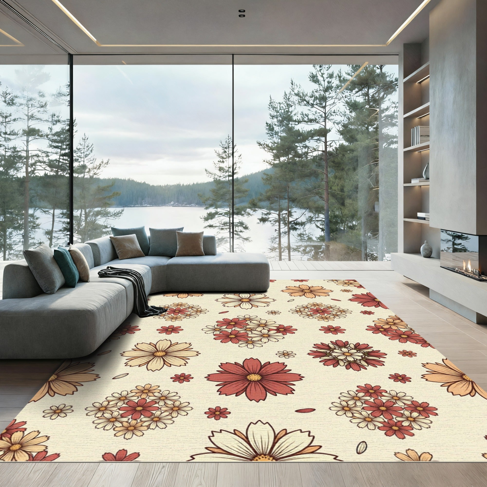 Retro Amber and Cream Daisy Meadow Rug