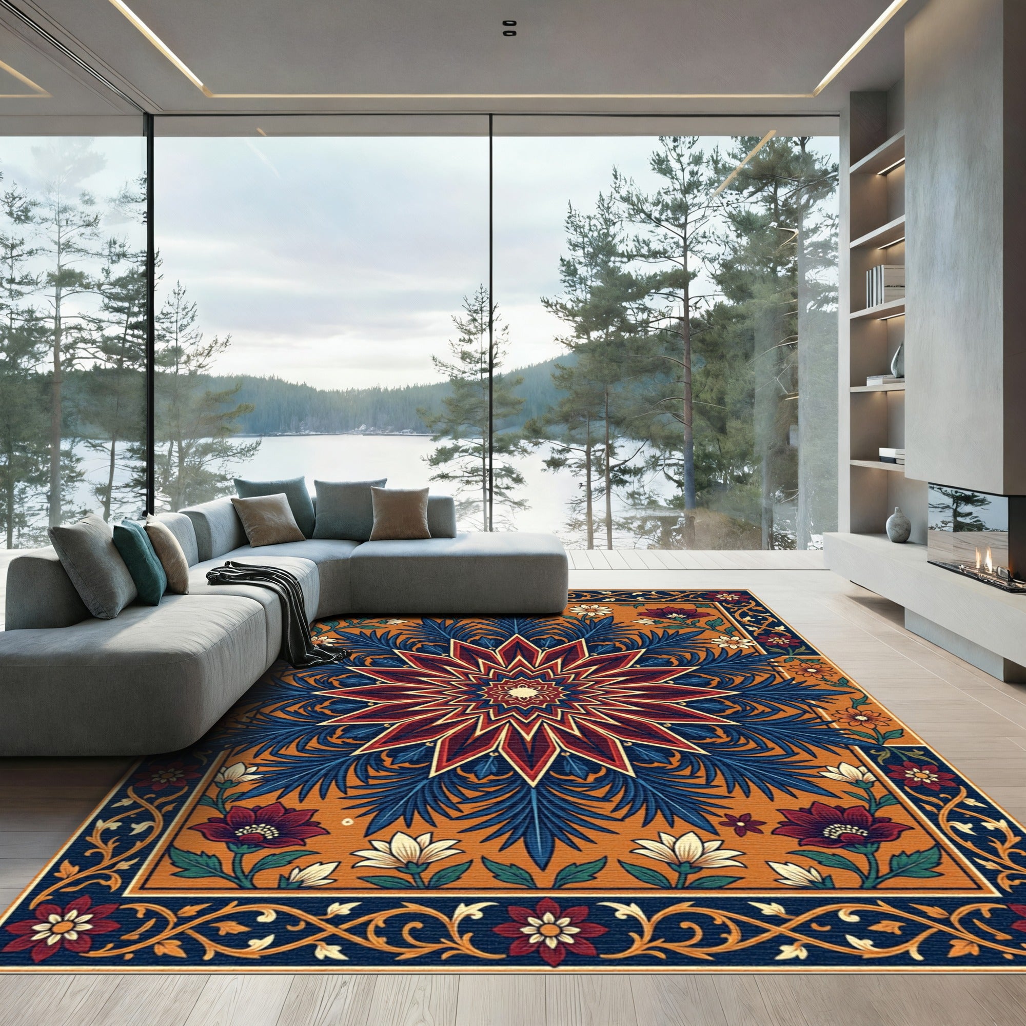 Ornate Deep Blue Floral Medallion Rug