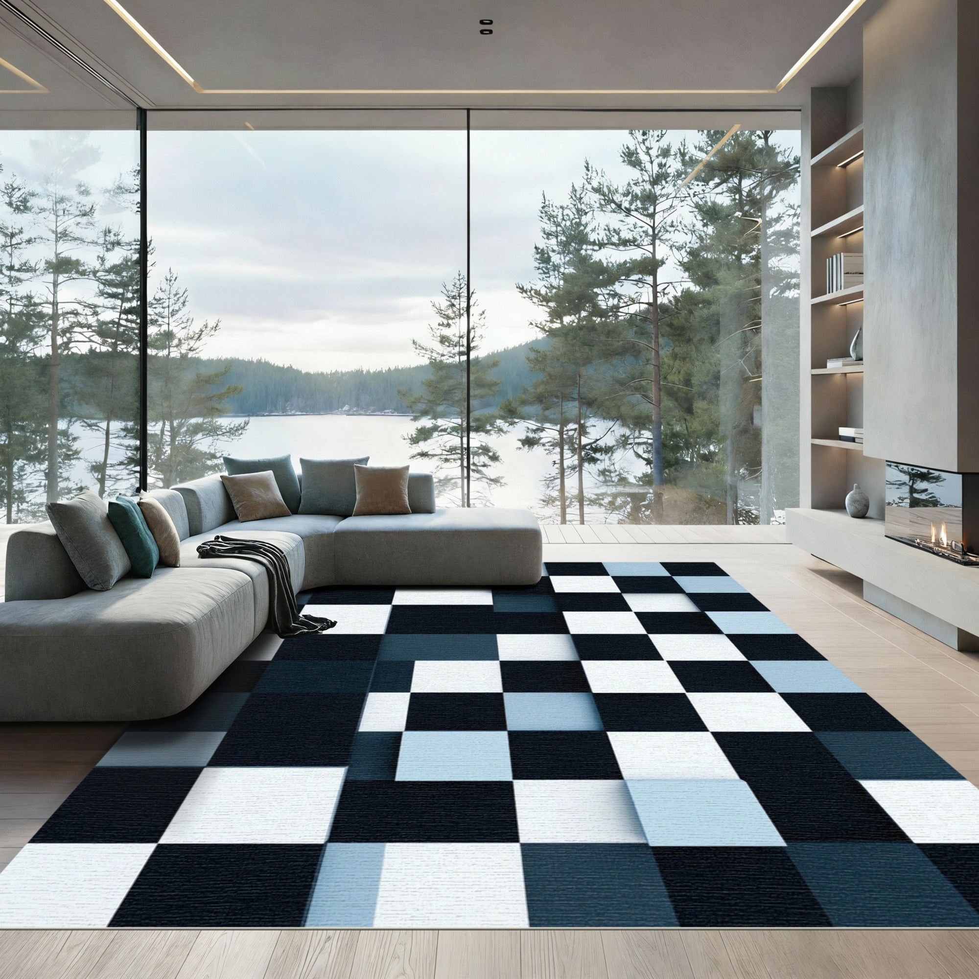 Modern Blue and White Geometric Squares Rug