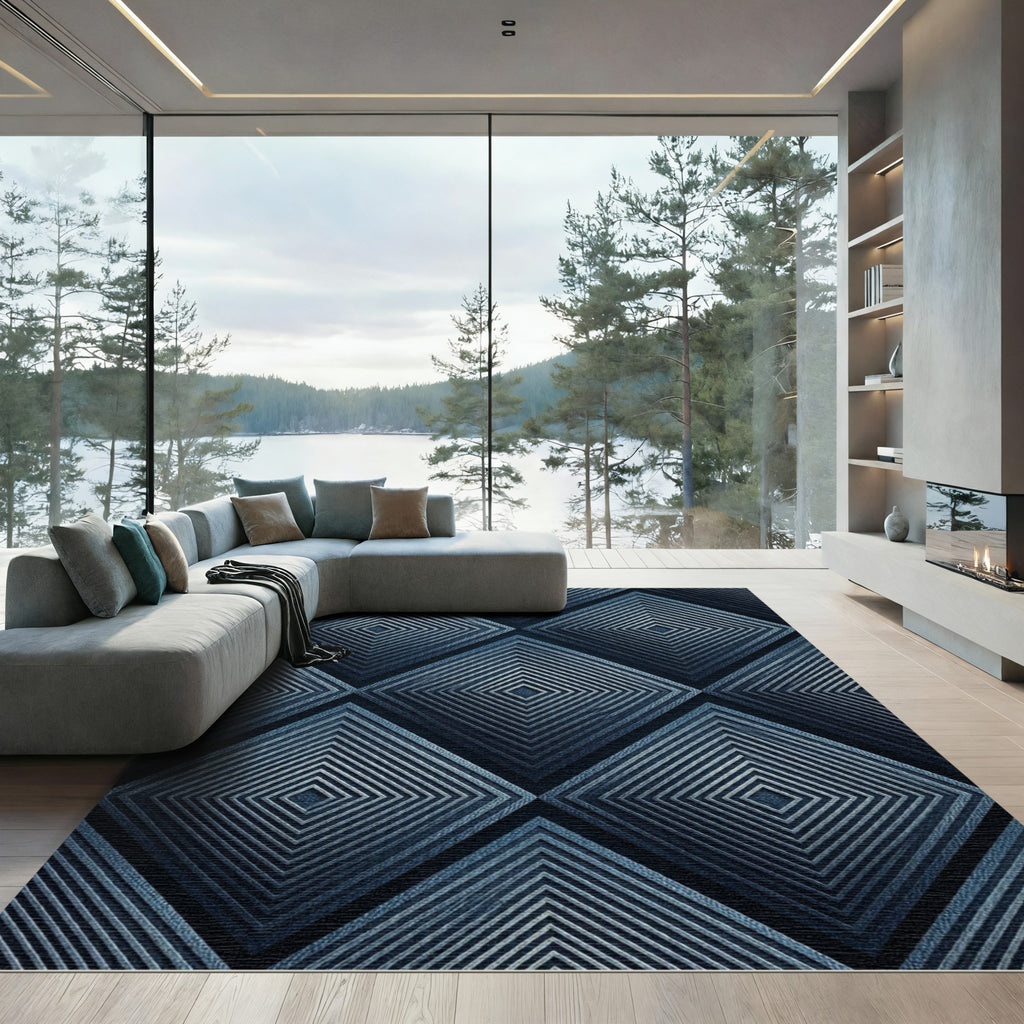 Modern Navy Concentric Diamond Textured Rug