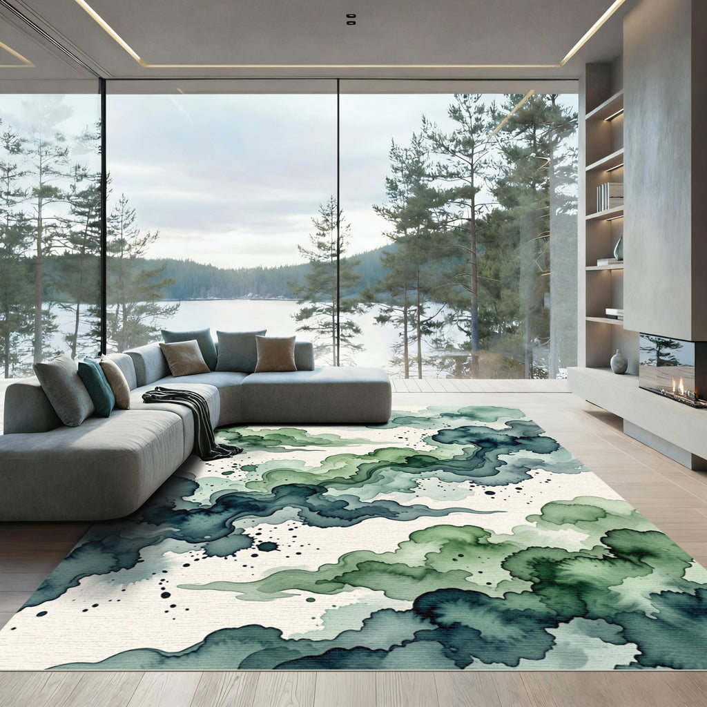 Ethereal Emerald Watercolor Cloud Swirl Rug