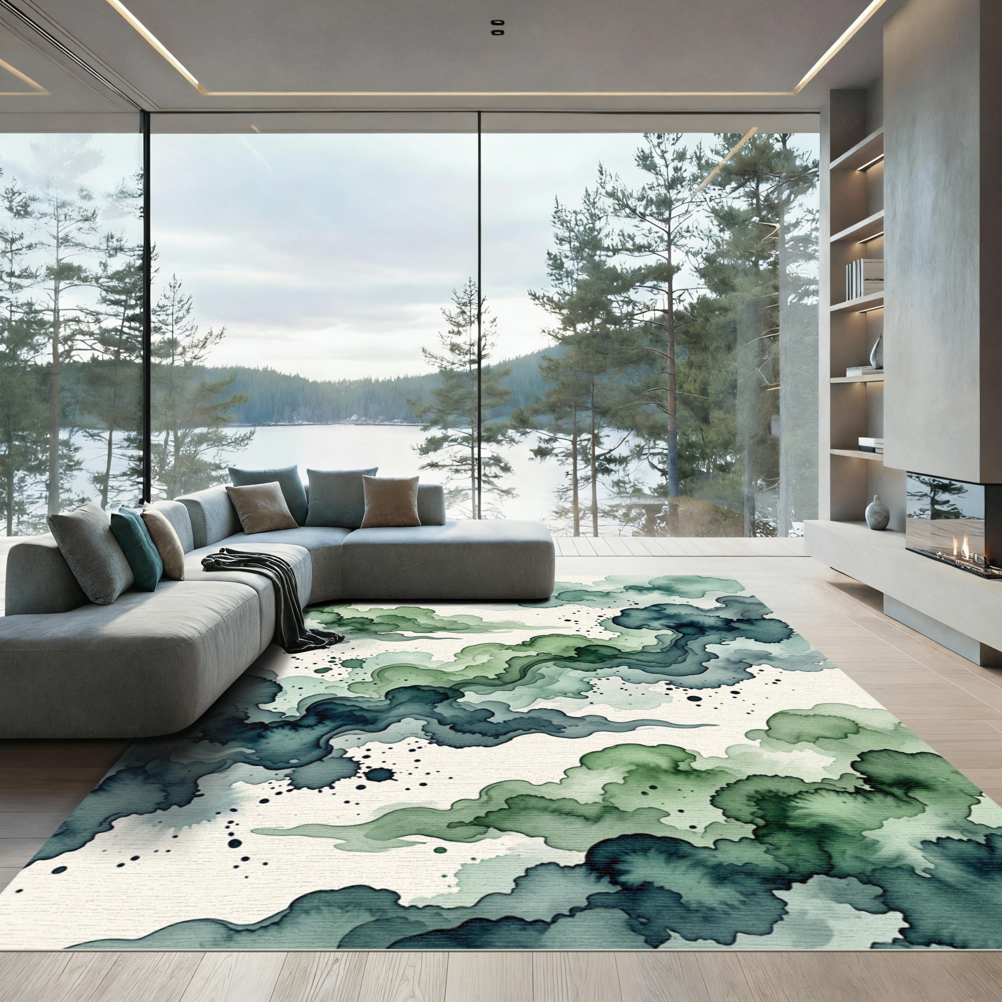 Ethereal Emerald Watercolor Cloud Swirl Rug