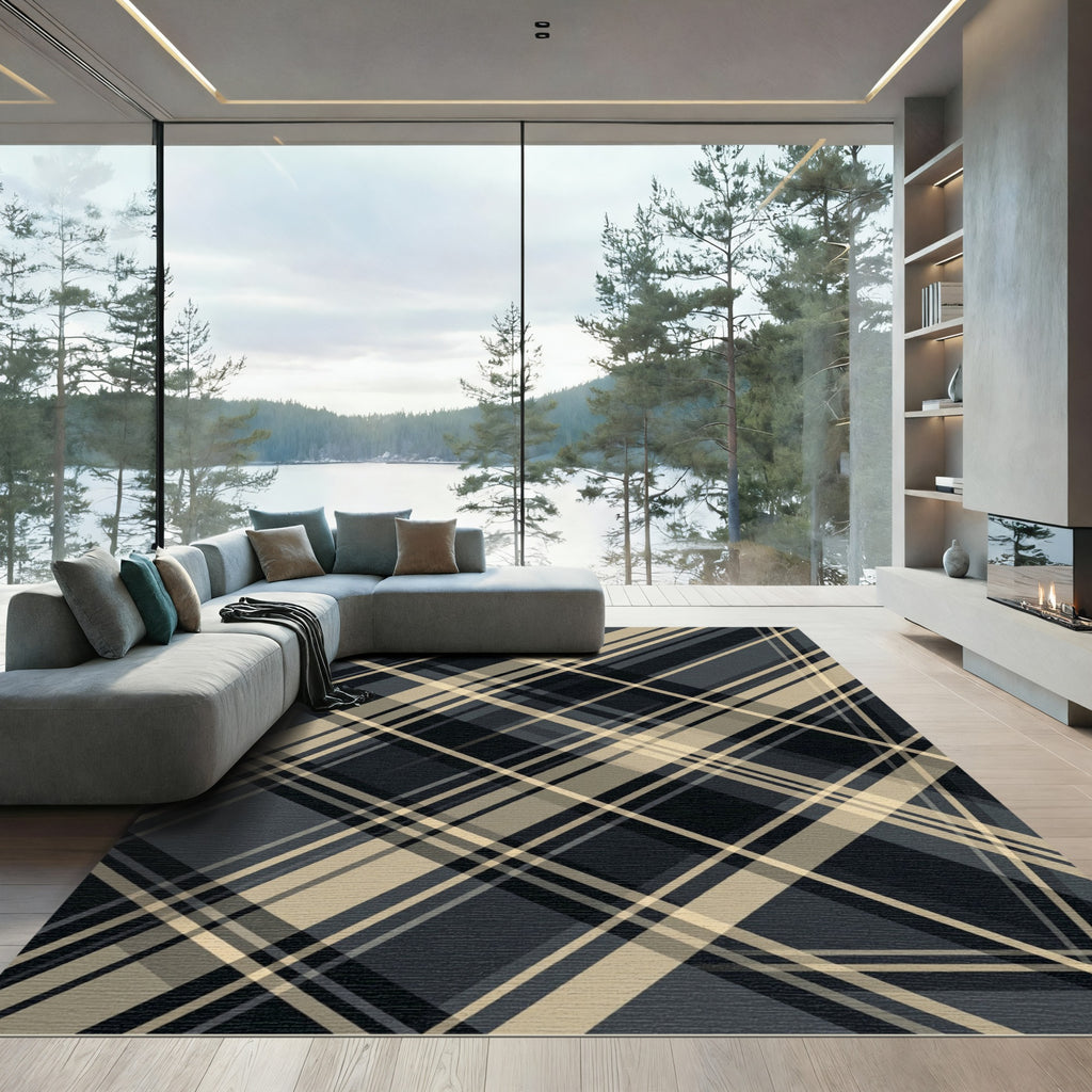 Charcoal and Beige Diagonal Plaid Rug
