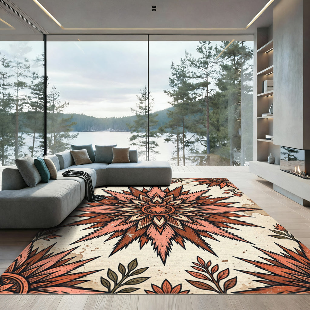 Burnt Orange Floral Starburst Medallion Rug