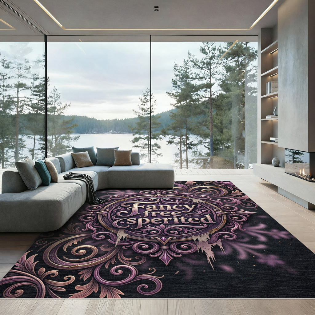 Ornate Plum Filigree Damask Scroll Emblem Rug