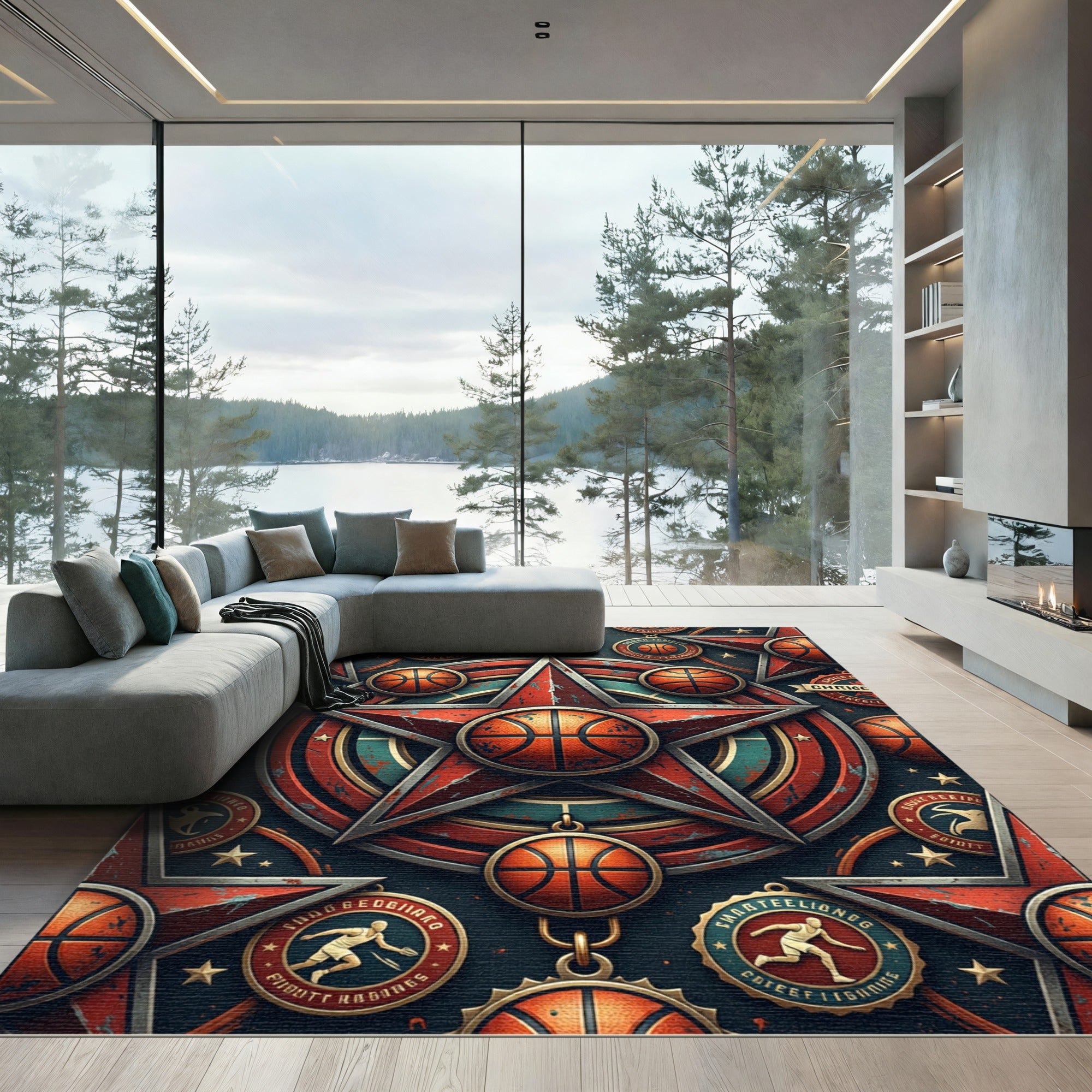 Vintage Retro Basketball Star Emblem Rug