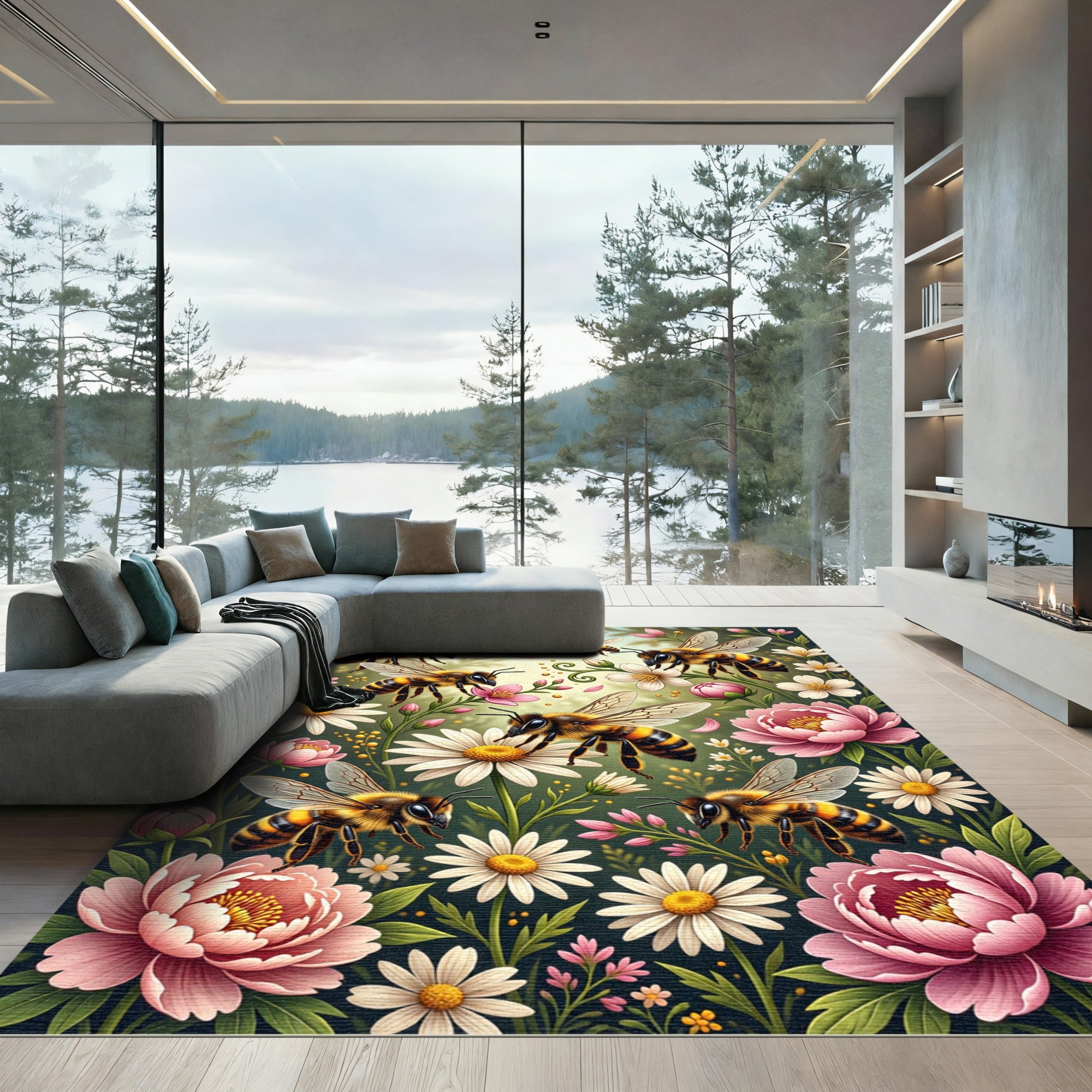 Golden Bee and Peony Floral Garden Rug