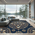 Golden Floral Medallion Navy Ornate Decor Rug