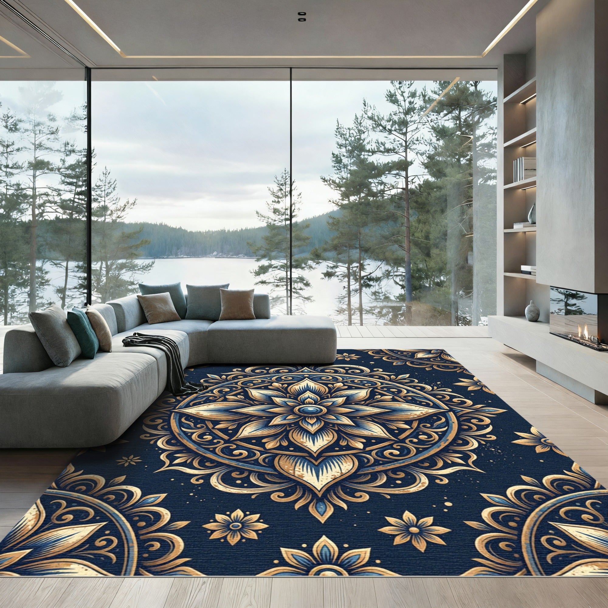 Golden Floral Medallion Navy Ornate Decor Rug