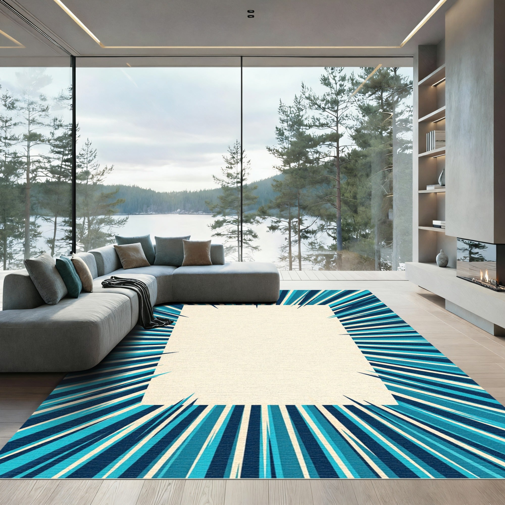 Dynamic Blue Sunburst Graphic Radiance Rug