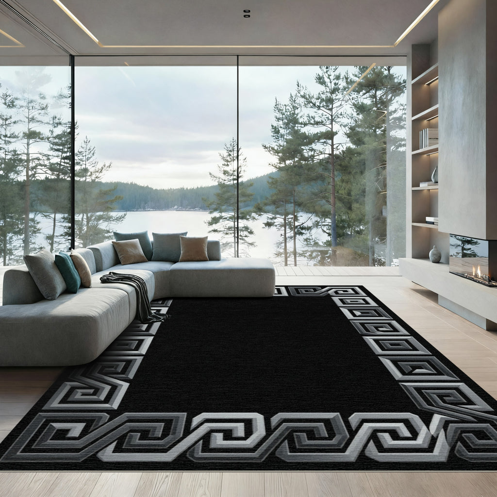 Silver Geometric Maze Border Rug