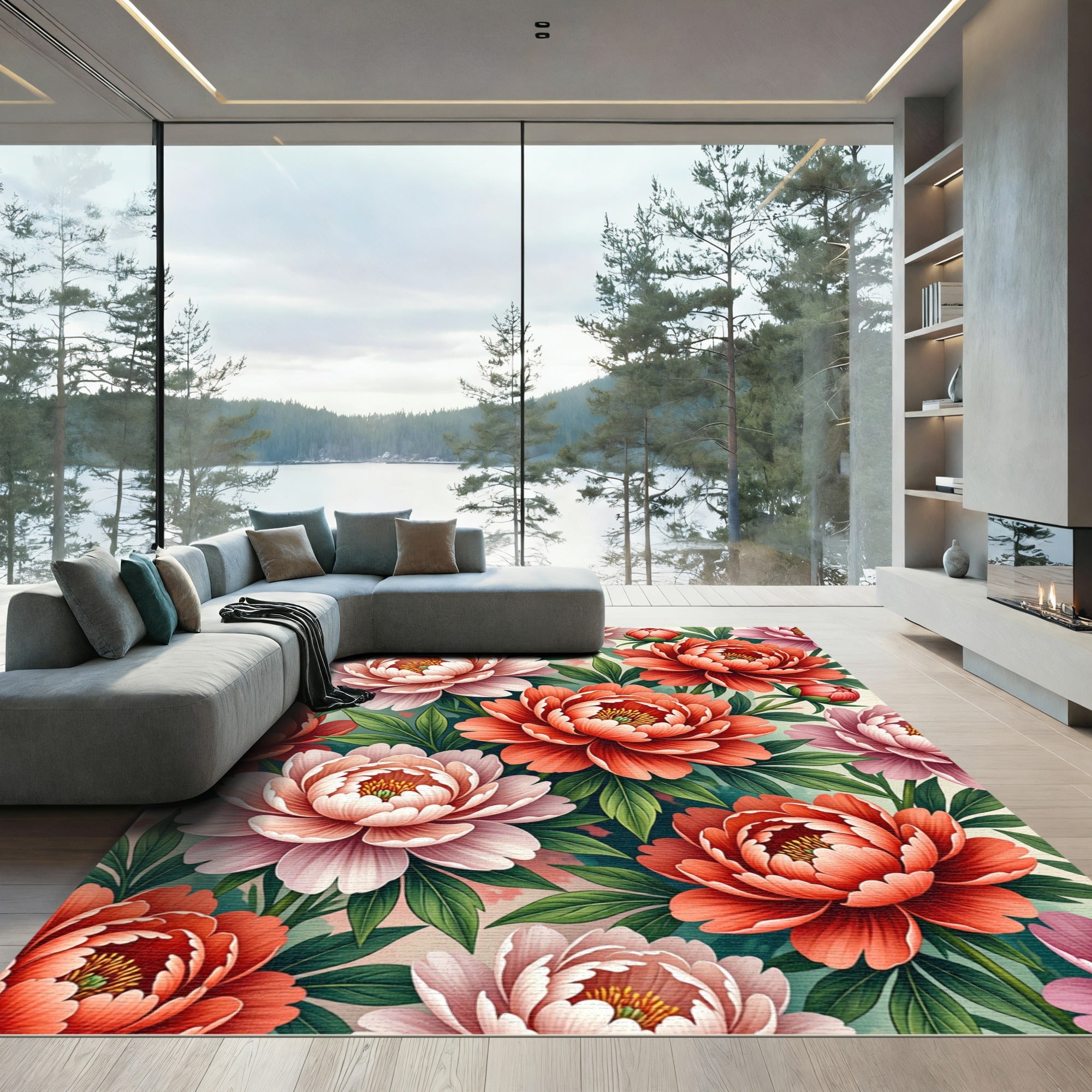 Coral Peach Blush Peony Garden Rug