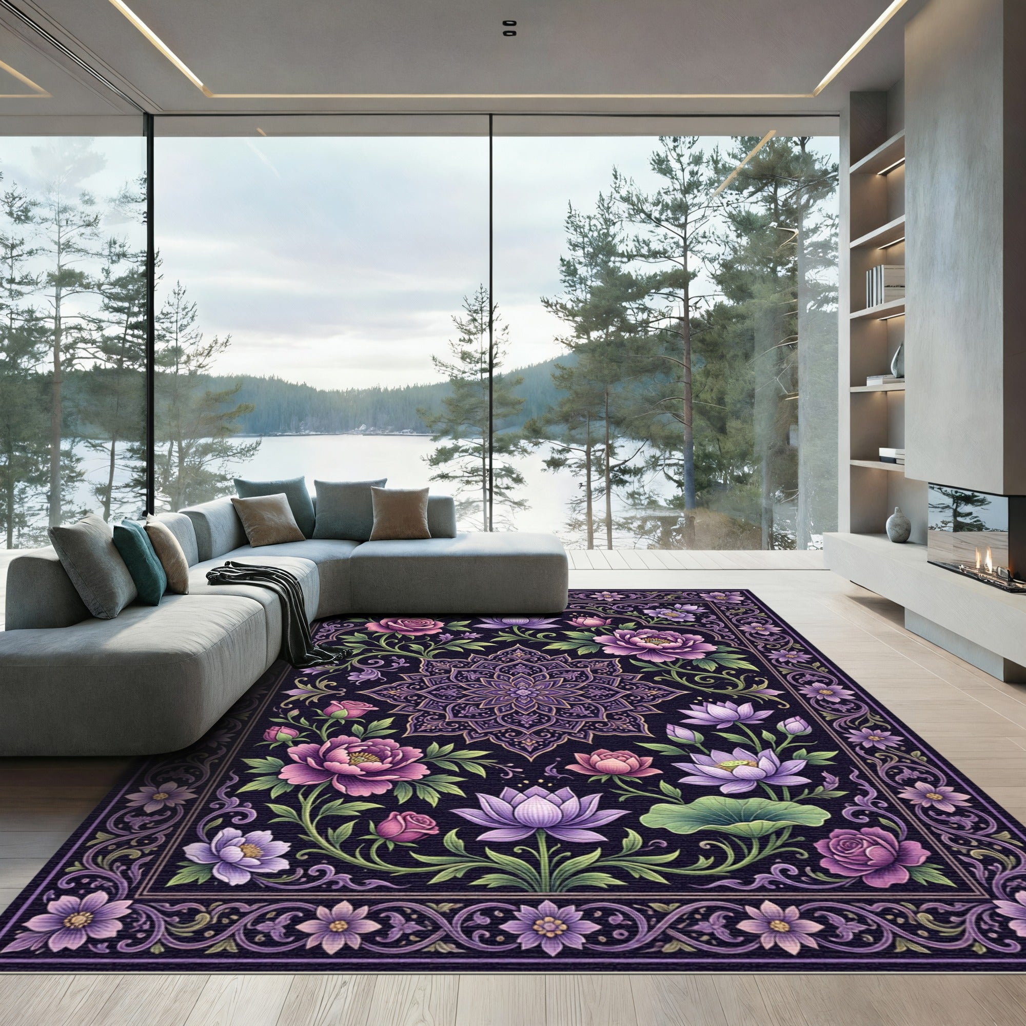 Elegant Purple Floral Lotus Medallion Rug