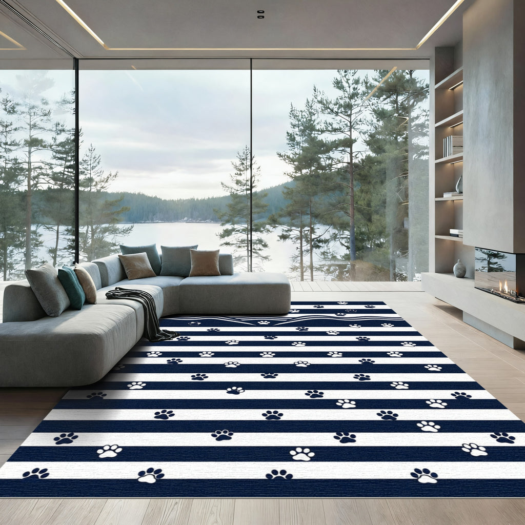Navy Blue White Wavy Paw Striped Rug