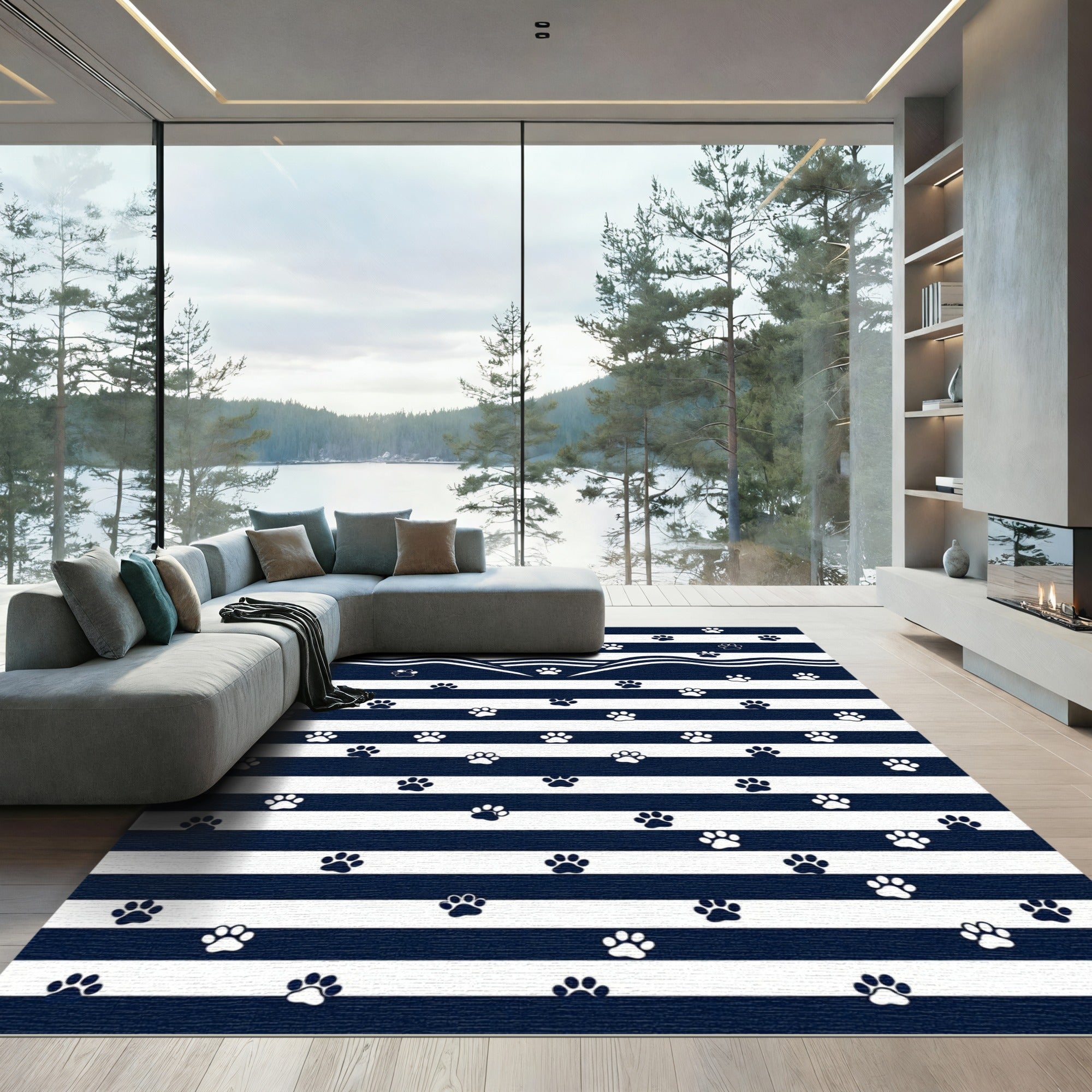 Navy Blue White Wavy Paw Striped Rug